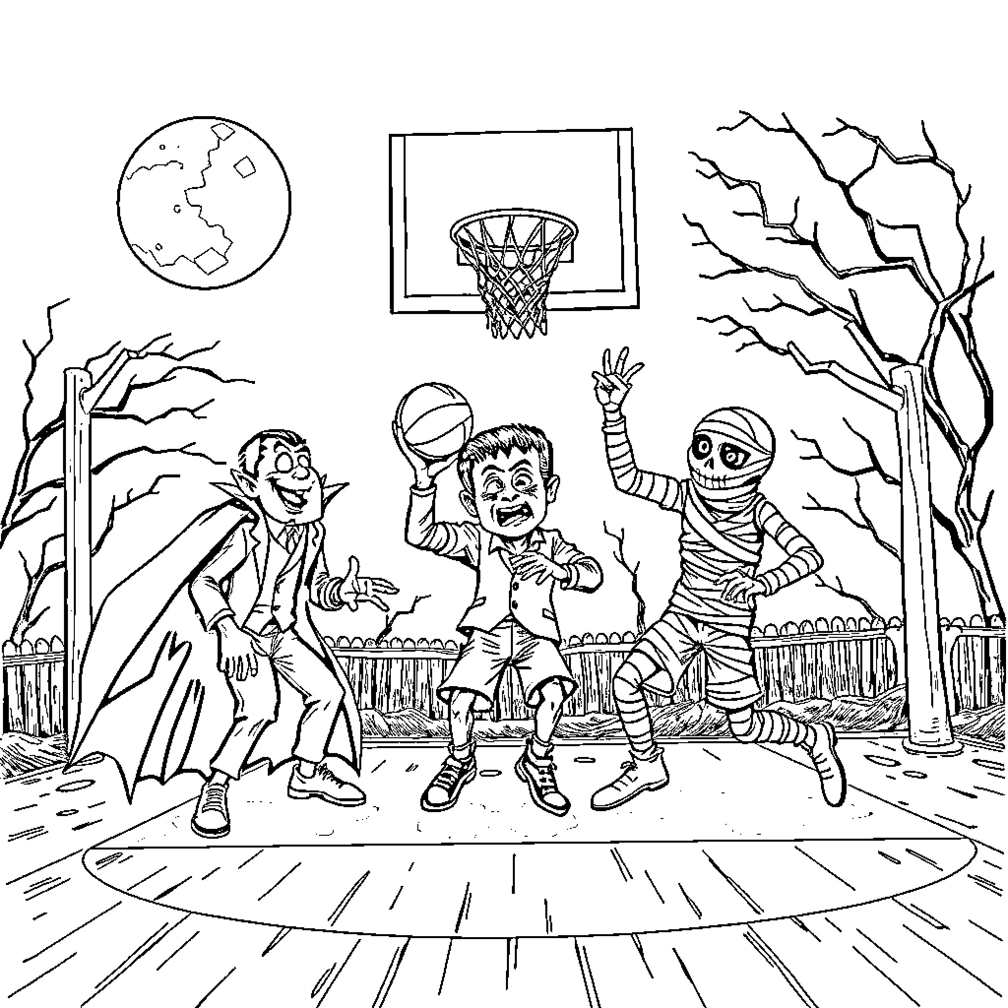 Horror Icon Plays Basketball with Mummy and Vampire Coloring Page (free black-and-white line drawing printable PDF for all, from beginners to advanced learners, including children, teens, adults, and seniors)