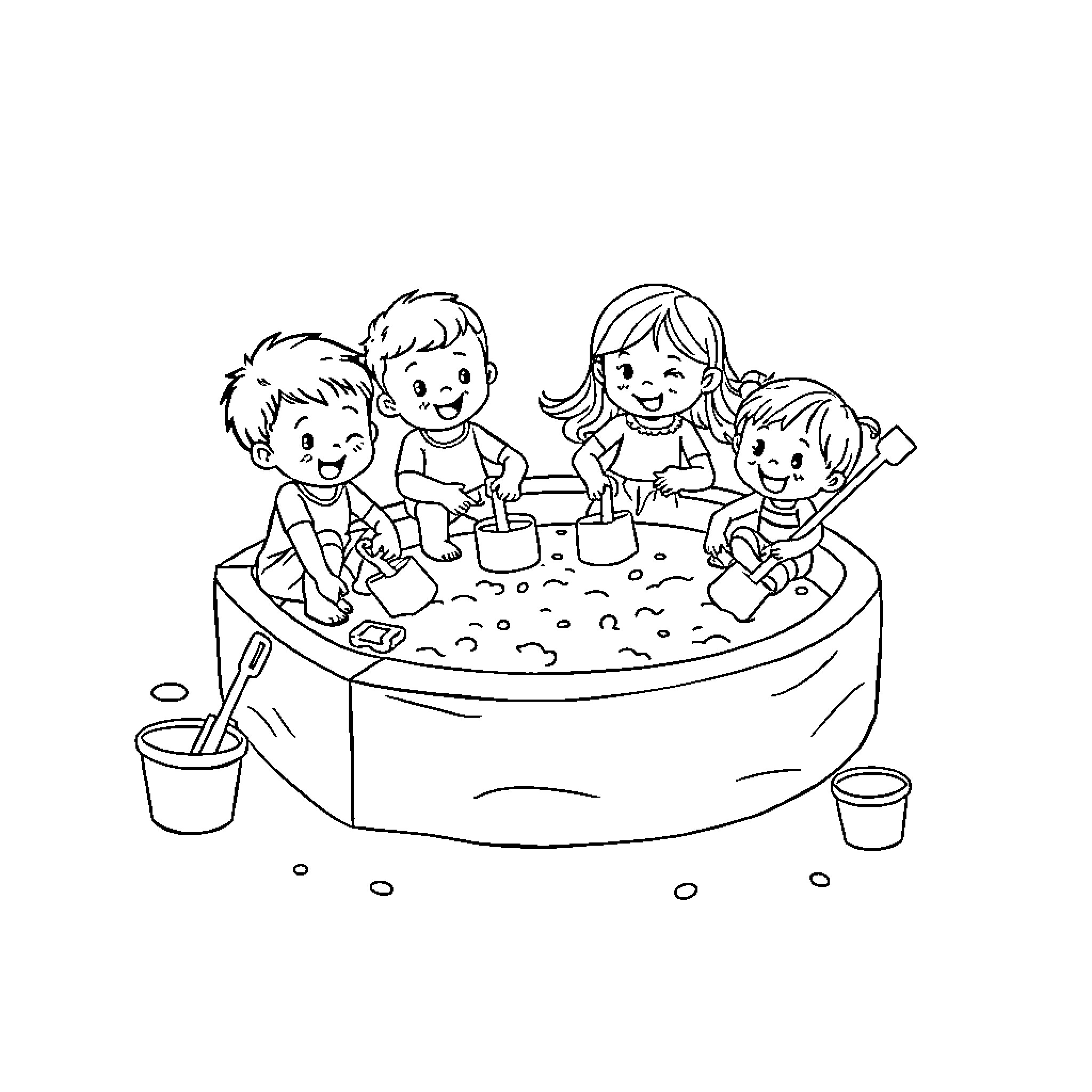 Child friends playing together in sandbox Coloring Page (free black-and-white line drawing printable PDF for all, from beginners to advanced learners, including children, teens, adults, and seniors)