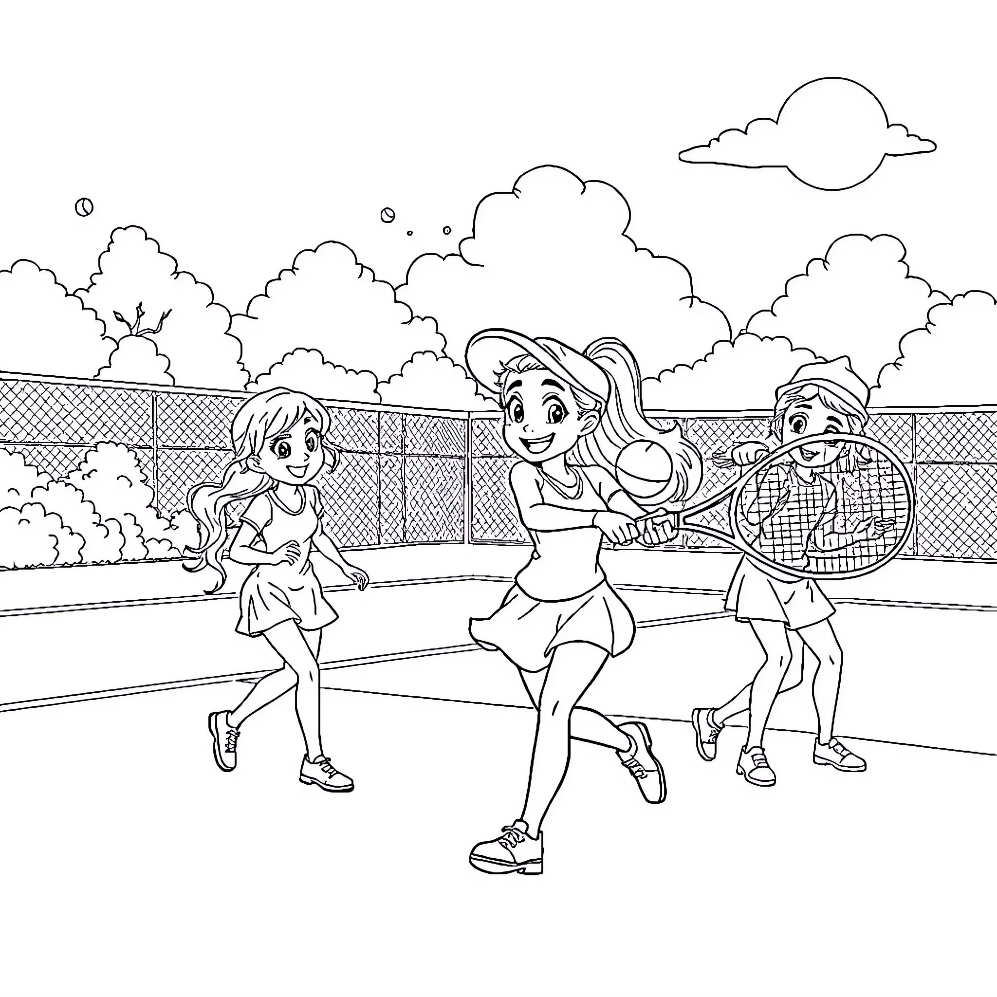 Bluey and friends playing tennis on the court Coloring Page (free black-and-white line drawing printable PDF for all, from beginners to advanced learners, including children, teens, adults, and seniors)