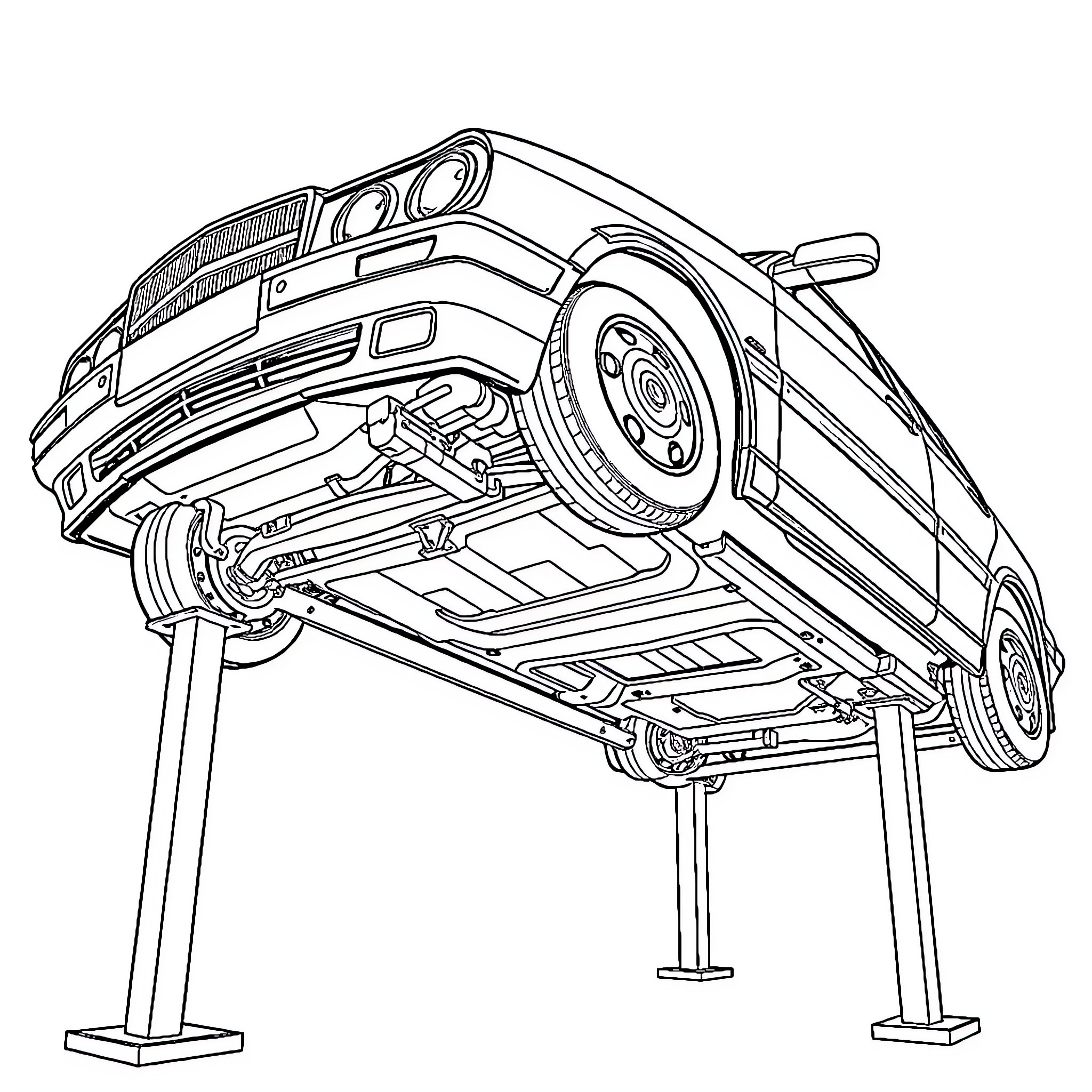 Car Undergoing Repair or Maintenance Coloring Page (free black-and-white line drawing printable PDF for all, from beginners to advanced learners, including children, teens, adults, and seniors)