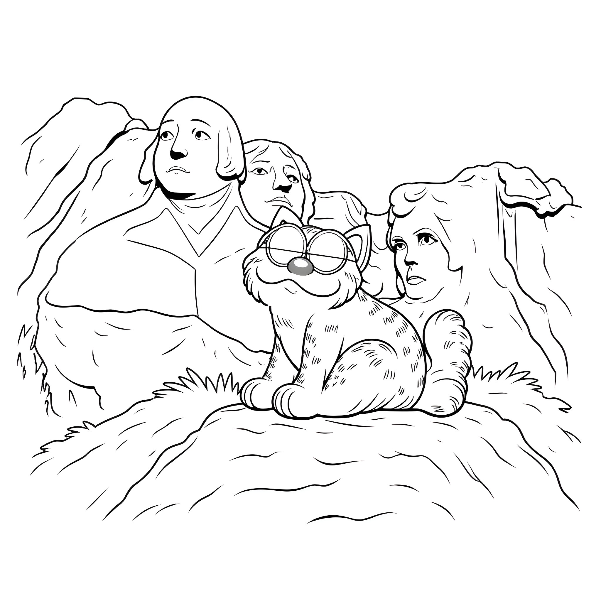 Garfield with a friend in a scenic landscape Coloring Page (free black-and-white line drawing printable PDF for all, from beginners to advanced learners, including children, teens, adults, and seniors)