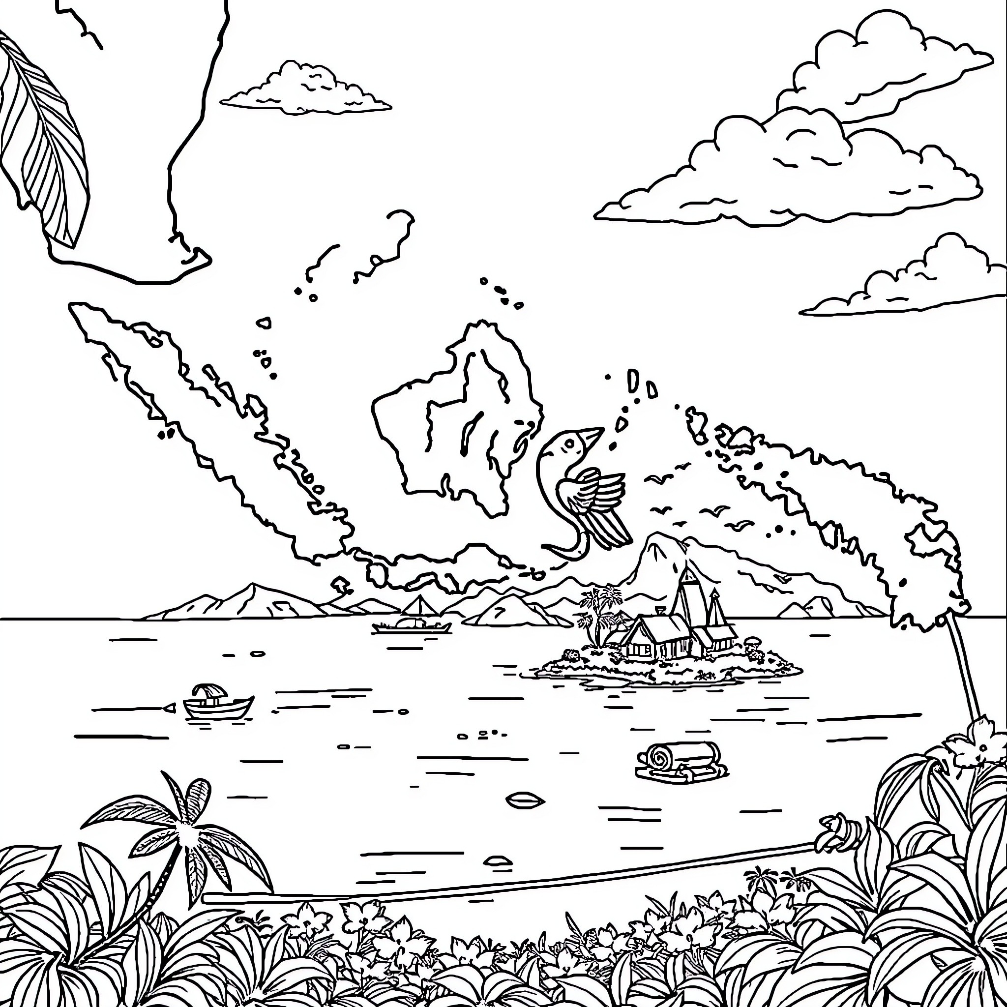 Indonesia's Scenic Landscapes and Tropical Seascapes Coloring Page (free black-and-white line drawing printable PDF for all, from beginners to advanced learners, including children, teens, adults, and seniors)