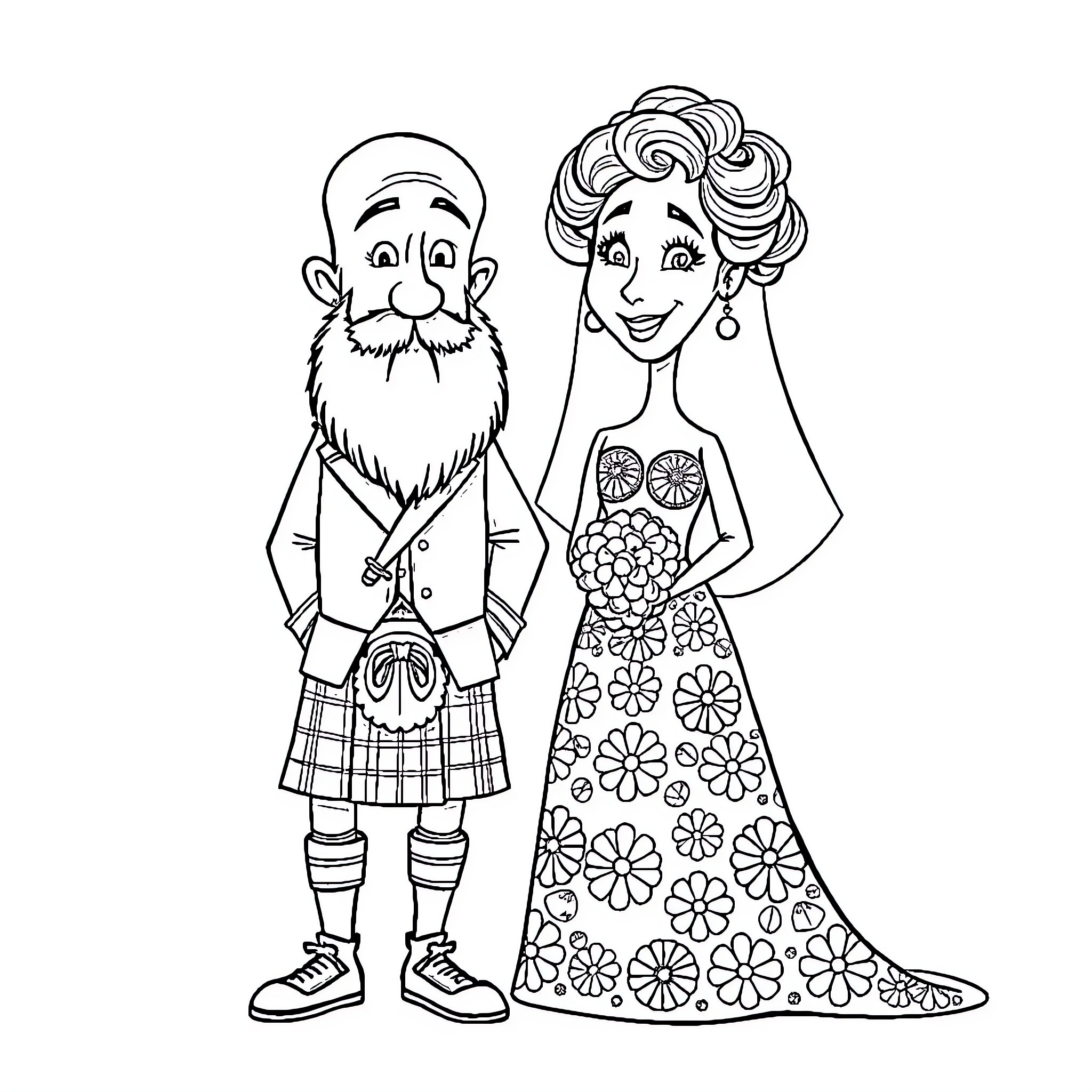 Bride and Groom in Formal Attire Coloring Page (free black-and-white line drawing printable PDF for all, from beginners to advanced learners, including children, teens, adults, and seniors)