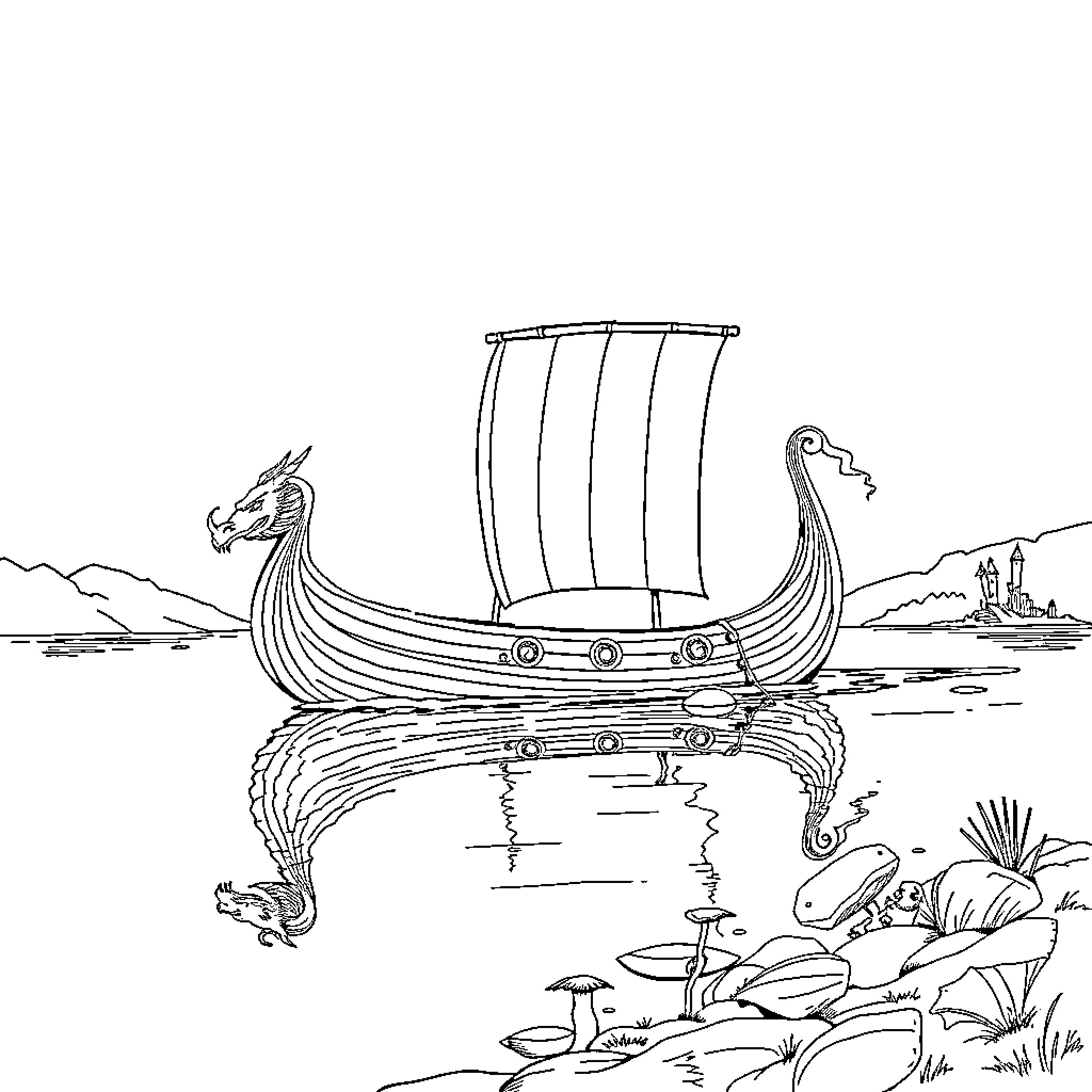 Viking Longship Sailing Through Tranquil Waters Coloring Page (free black-and-white line drawing printable PDF for all, from beginners to advanced learners, including children, teens, adults, and seniors)