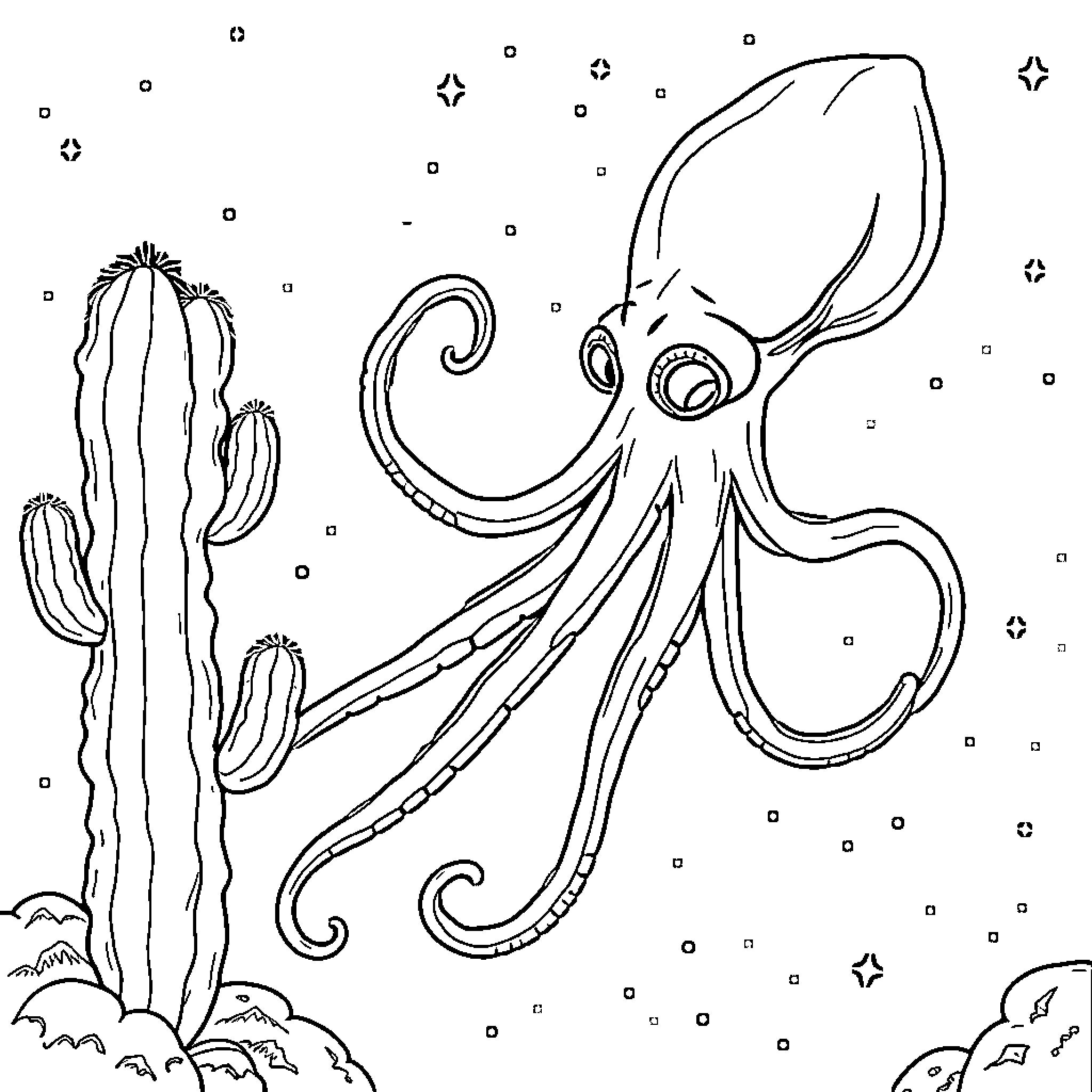 Squid exploring the surreal desert landscape Coloring Page (free black-and-white line drawing printable PDF for all, from beginners to advanced learners, including children, teens, adults, and seniors)
