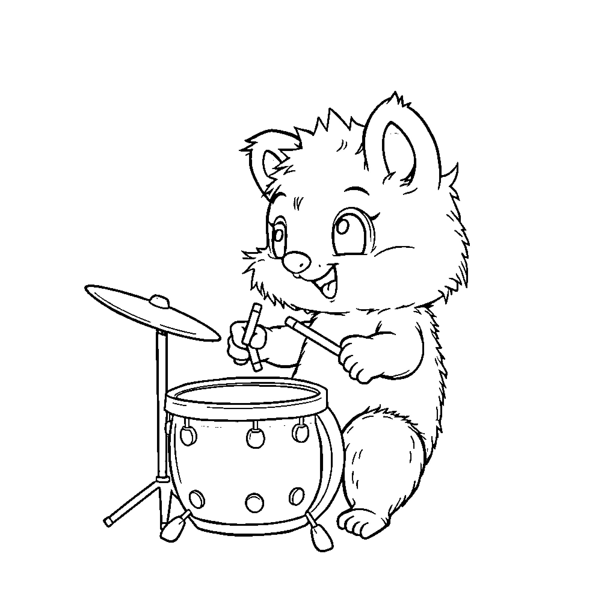 Gizmo the Squirrel Playing the Drums Coloring Page (free black-and-white line drawing printable PDF for all, from beginners to advanced learners, including children, teens, adults, and seniors)