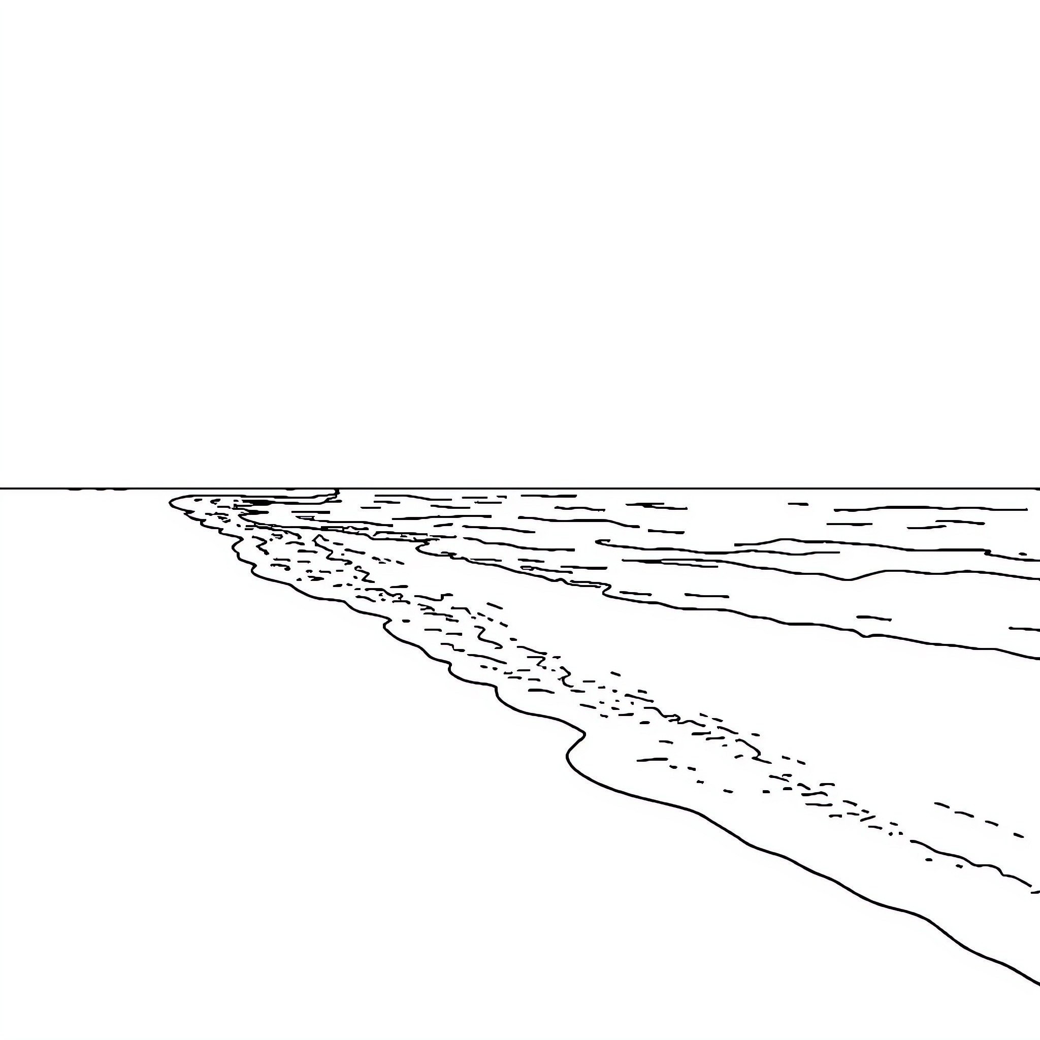 Beach scene with waves and shoreline Coloring Page (free black-and-white line drawing printable PDF for all, from beginners to advanced learners, including children, teens, adults, and seniors)