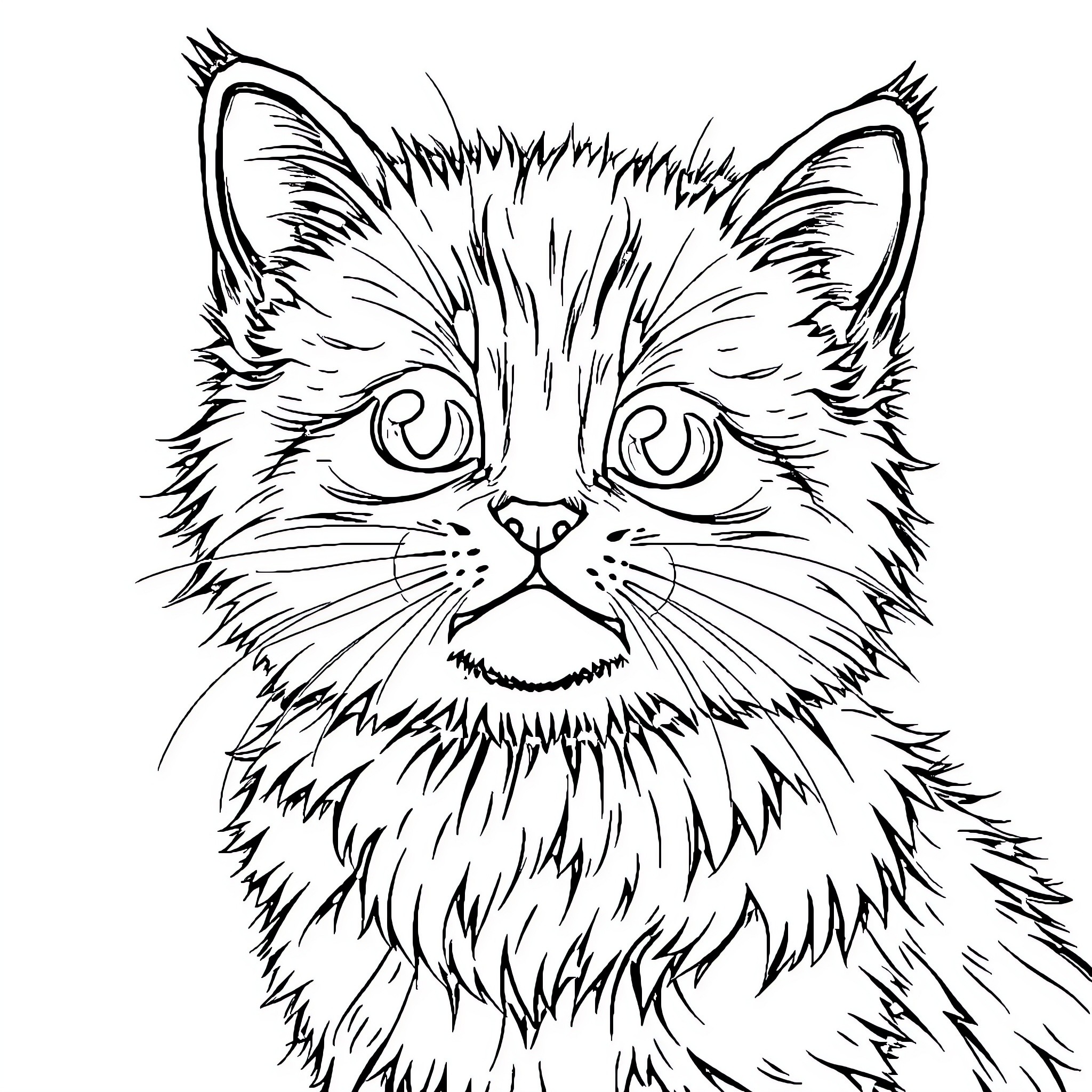 Cat with intense gaze and furry appearance Coloring Page (free black-and-white line drawing printable PDF for all, from beginners to advanced learners, including children, teens, adults, and seniors)
