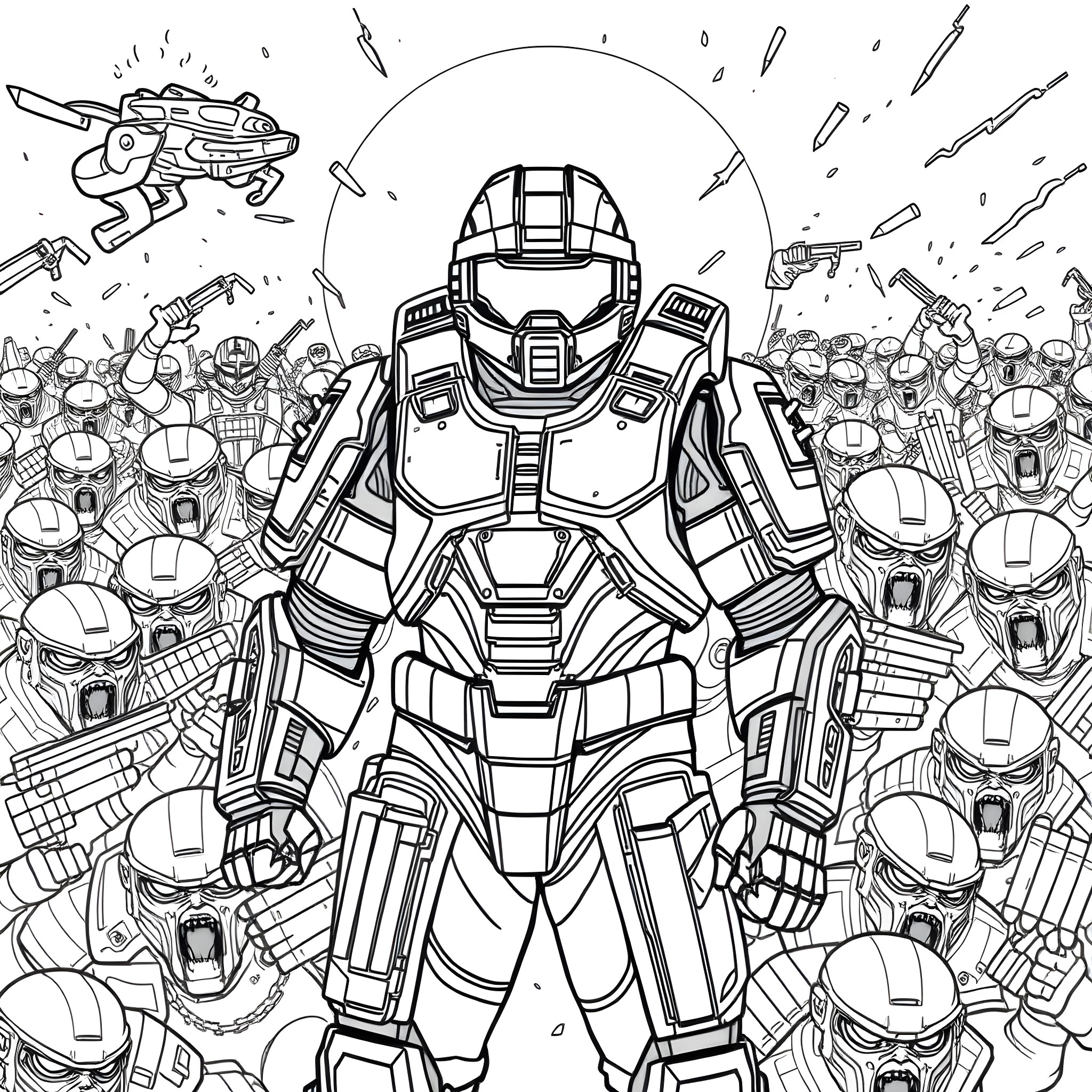 Halo of Armored Warrior Surrounded by Soldiers Coloring Page (free black-and-white line drawing printable PDF for all, from beginners to advanced learners, including children, teens, adults, and seniors)