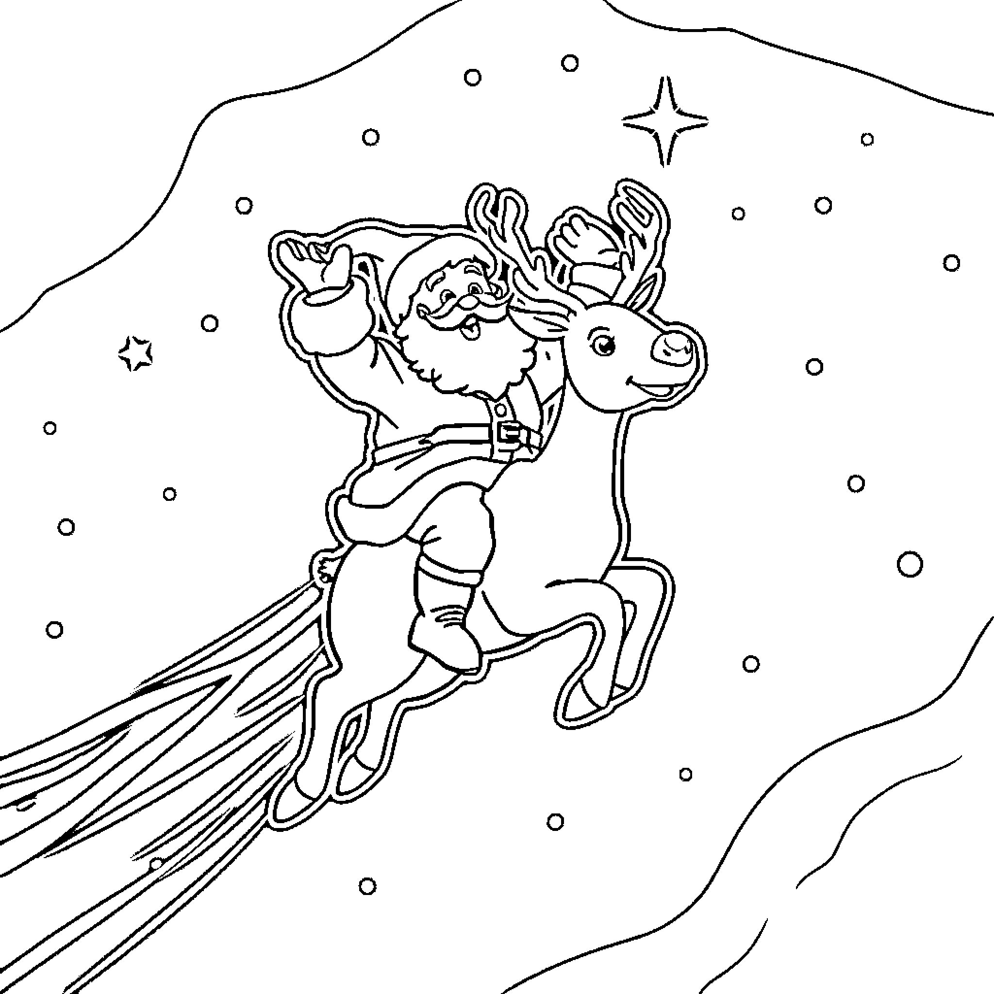 Santa riding a reindeer in the starry night Coloring Page (free black-and-white line drawing printable PDF for all, from beginners to advanced learners, including children, teens, adults, and seniors)