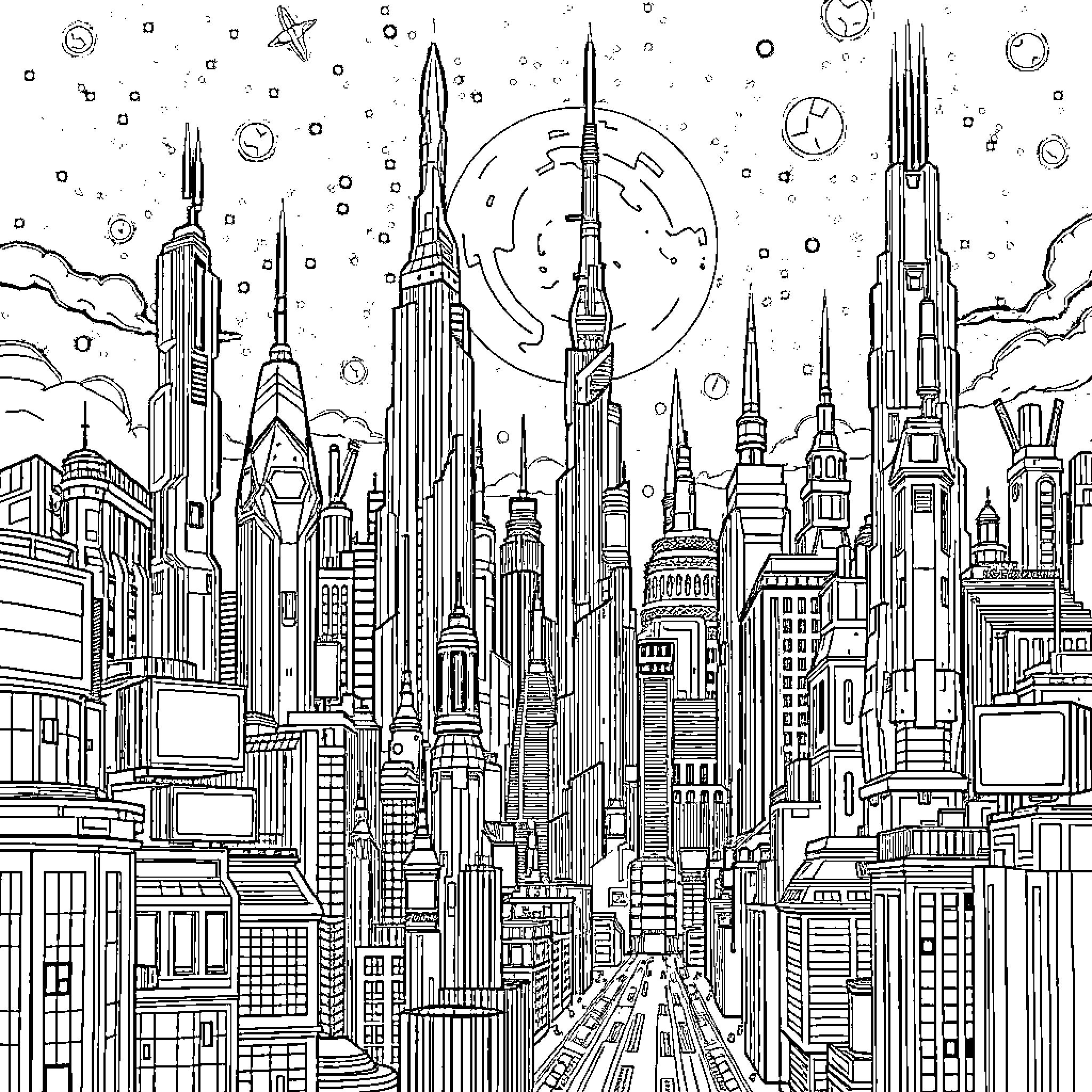 Huntrix: Futuristic Metropolis Skyline Coloring Page (free black-and-white line drawing printable PDF for all, from beginners to advanced learners, including children, teens, adults, and seniors)