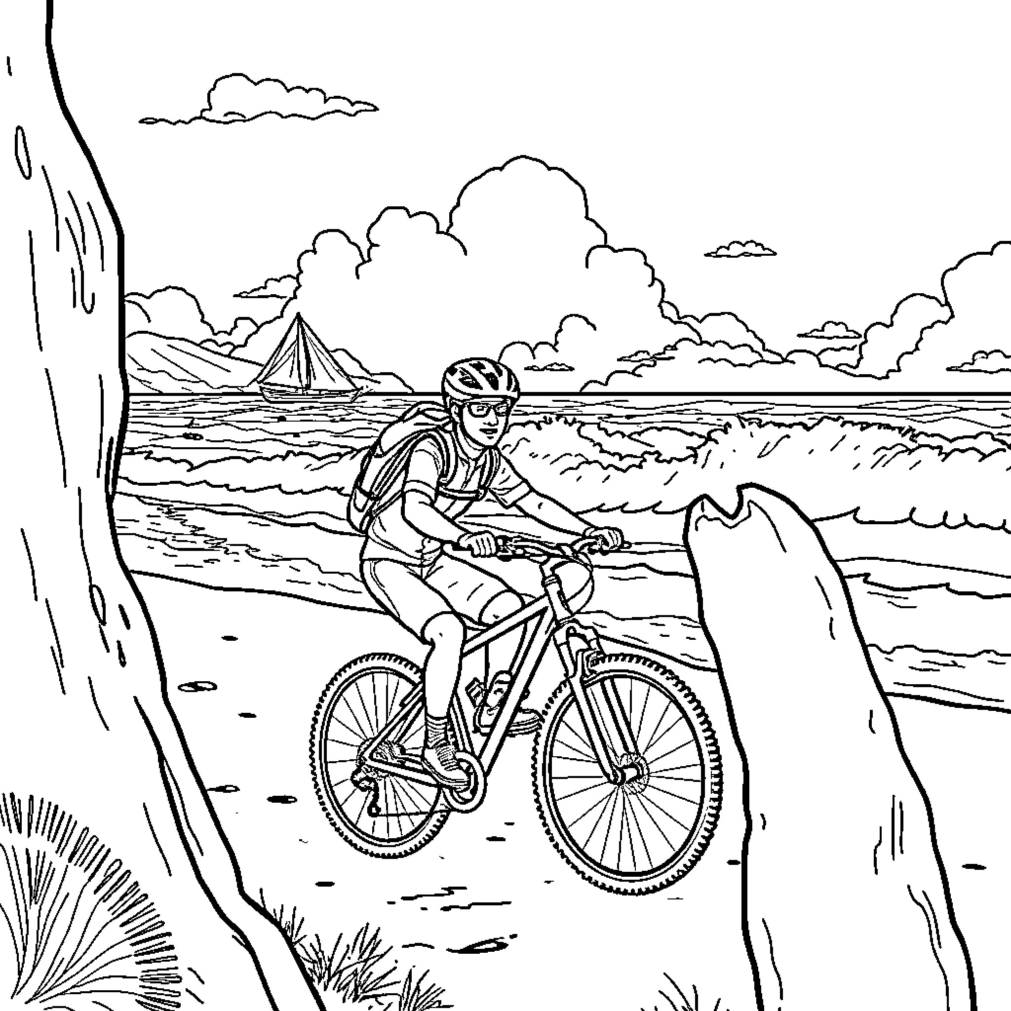 Superman biking through rugged mountain landscape Coloring Page (free black-and-white line drawing printable PDF for all, from beginners to advanced learners, including children, teens, adults, and seniors)