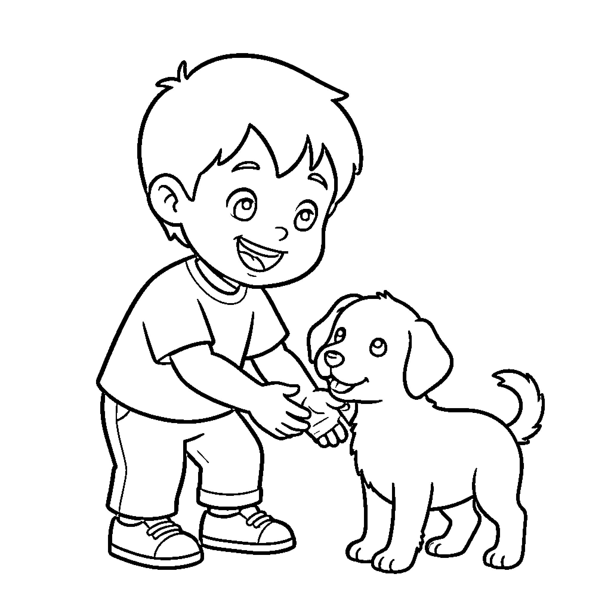 Boy playing with his pet dog Coloring Page (free black-and-white line drawing printable PDF for all, from beginners to advanced learners, including children, teens, adults, and seniors)