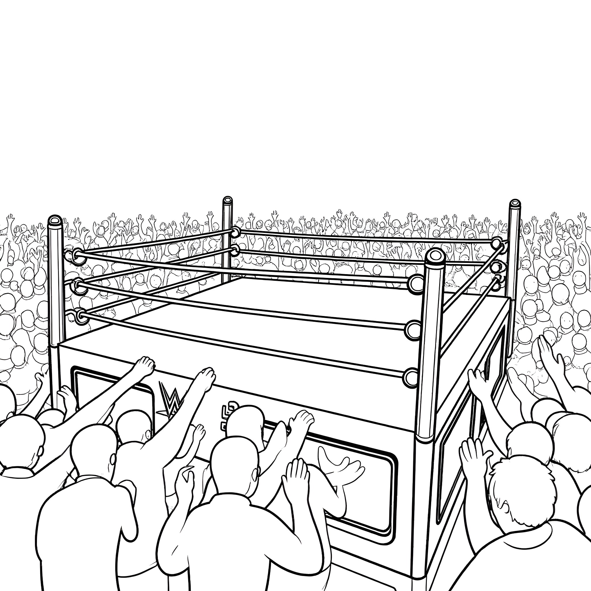 Wrestling Ring Full of Intense Action and Applauding Fans Coloring Page (free black-and-white line drawing printable PDF for all, from beginners to advanced learners, including children, teens, adults, and seniors)