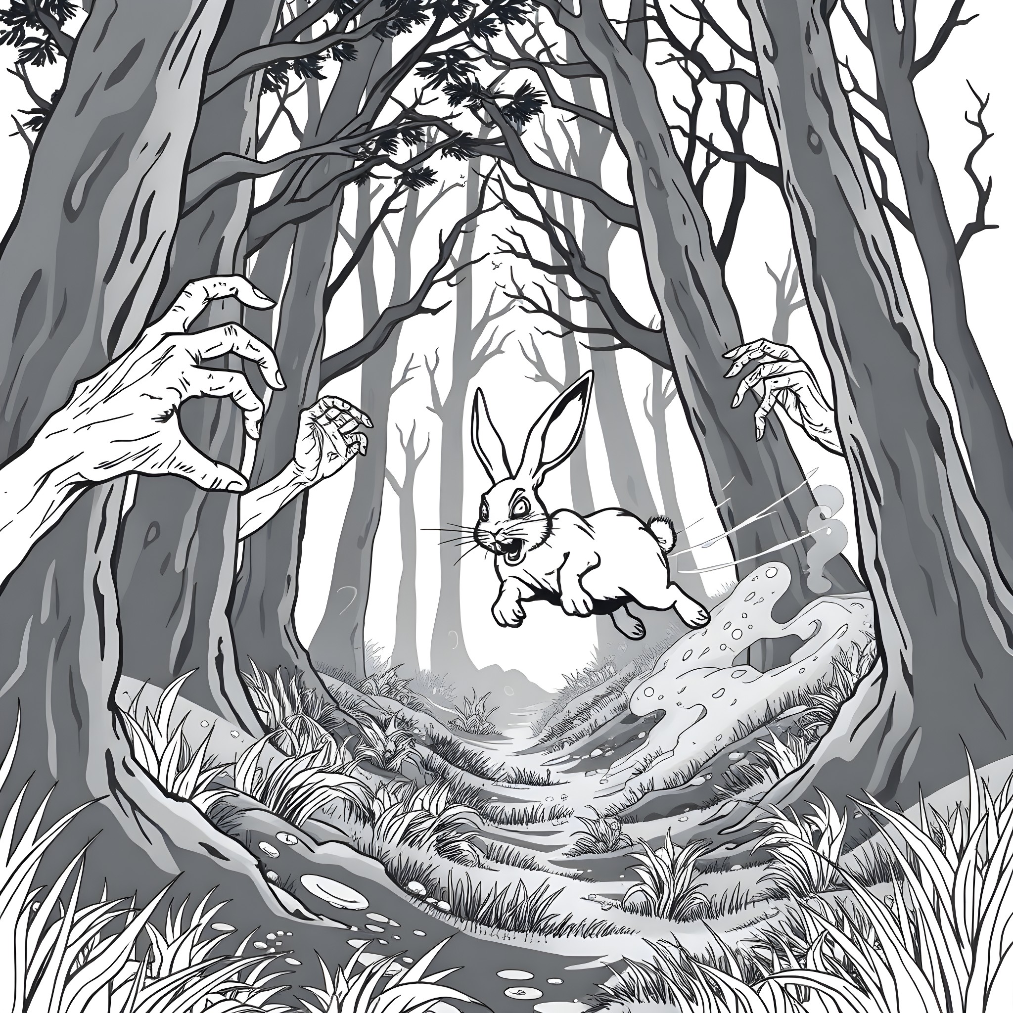 Rabbit scurrying through the enchanted forest Coloring Page (free black-and-white line drawing printable PDF for all, from beginners to advanced learners, including children, teens, adults, and seniors)
