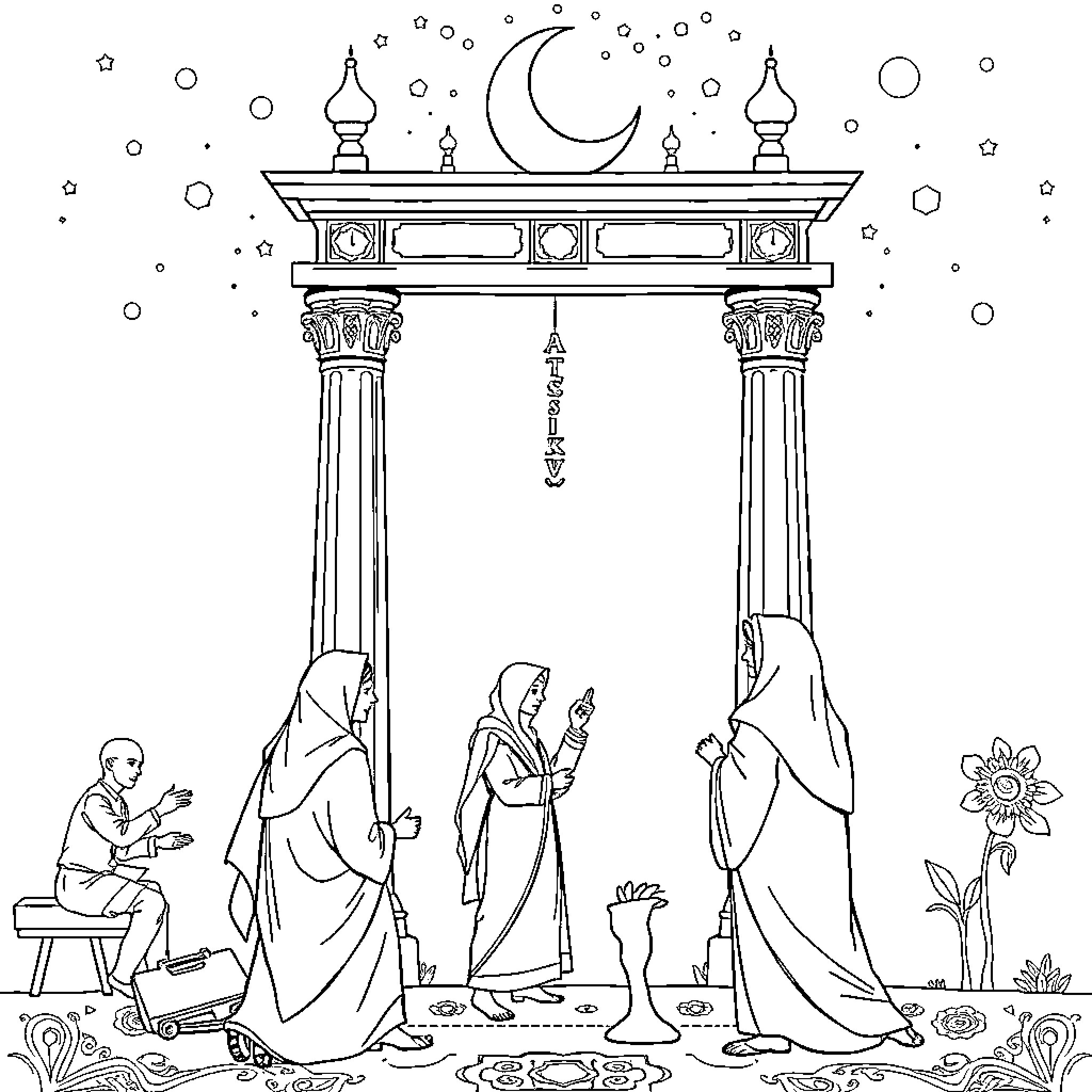 Islam: Worshippers Praying Under Crescent Moon Coloring Page (free black-and-white line drawing printable PDF for all, from beginners to advanced learners, including children, teens, adults, and seniors)