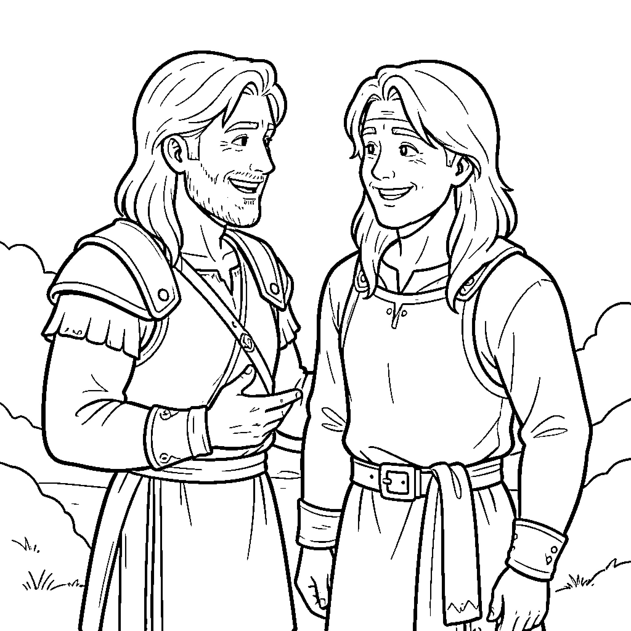 David and Jonathan talking with joyful expressions Coloring Page (free black-and-white line drawing printable PDF for all, from beginners to advanced learners, including children, teens, adults, and seniors)