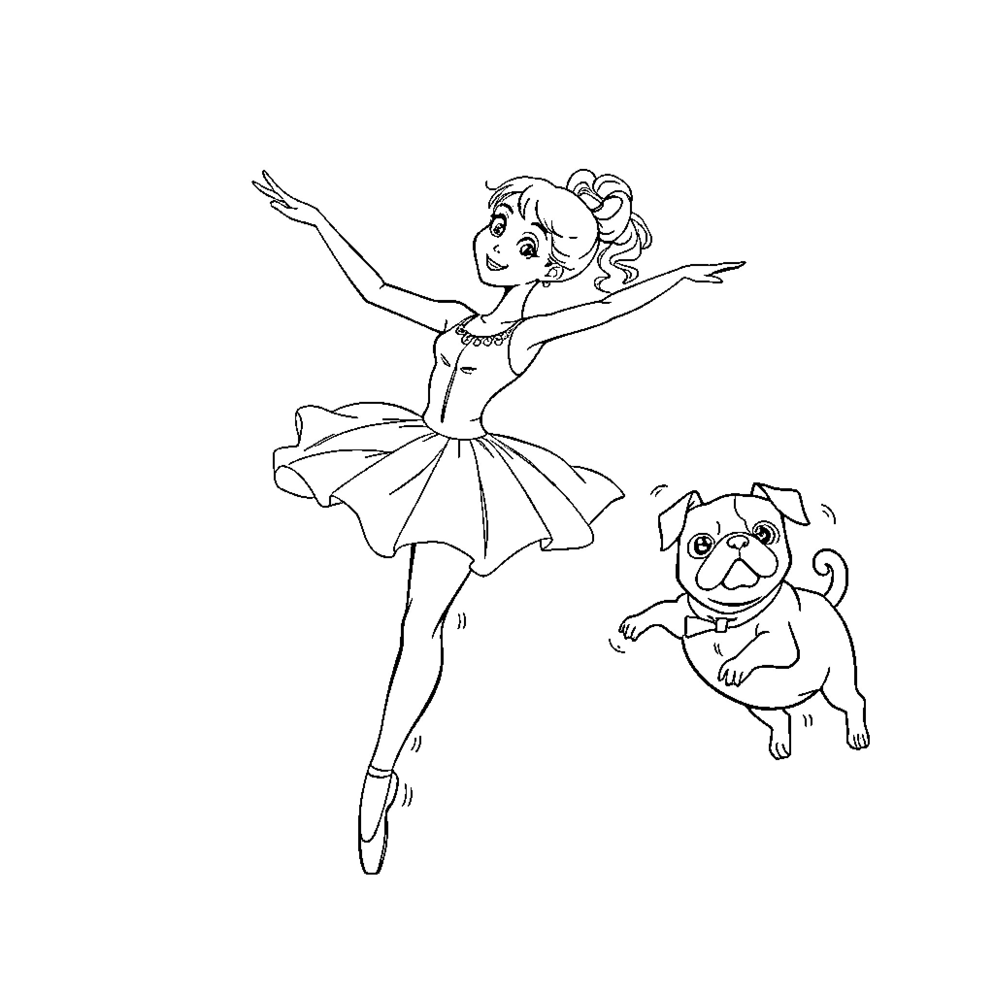 Ballerina performs graceful dance with pet pug Coloring Page (free black-and-white line drawing printable PDF for all, from beginners to advanced learners, including children, teens, adults, and seniors)