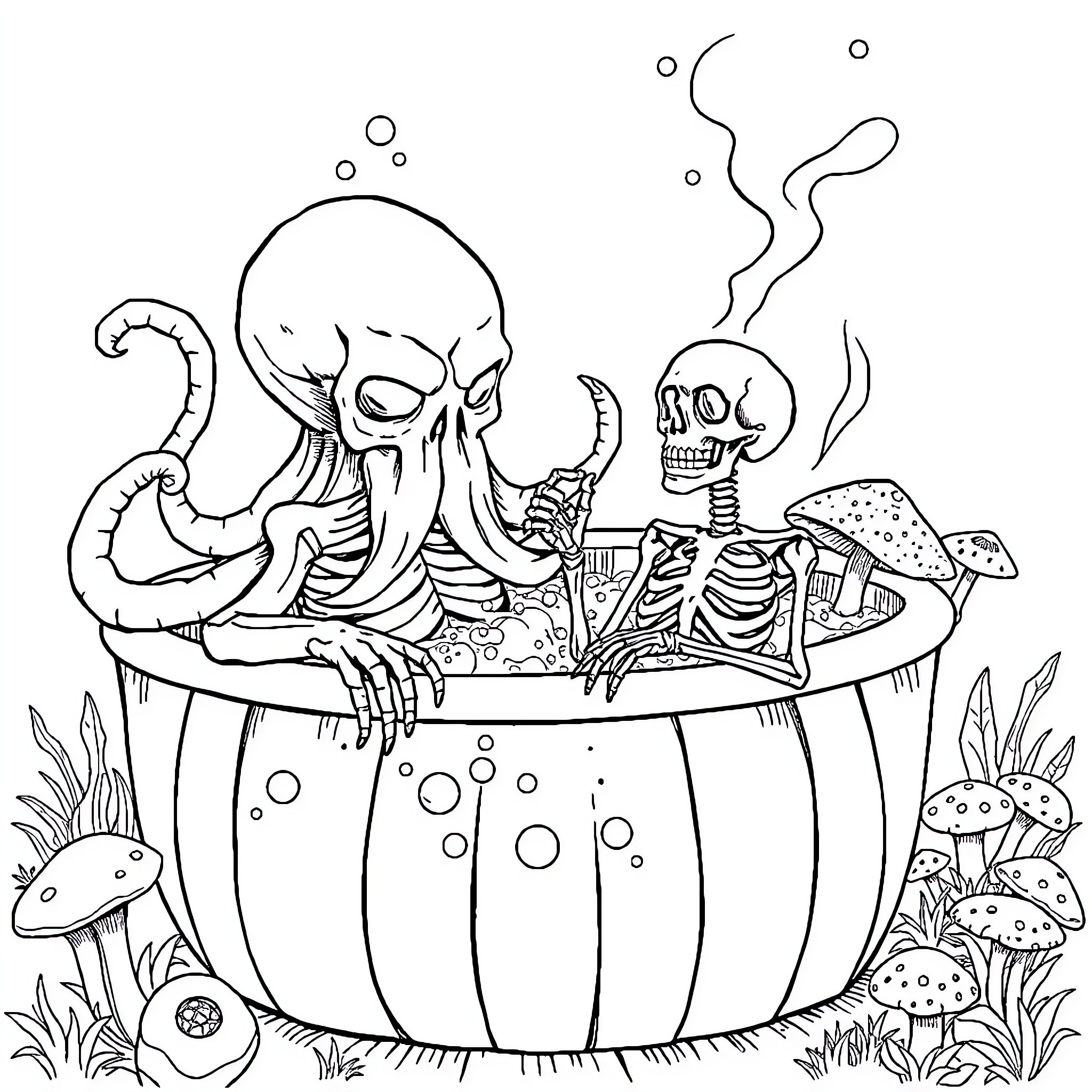 Cthulhu's Mystical Underwater Encounter Coloring Page (free black-and-white line drawing printable PDF for all, from beginners to advanced learners, including children, teens, adults, and seniors)