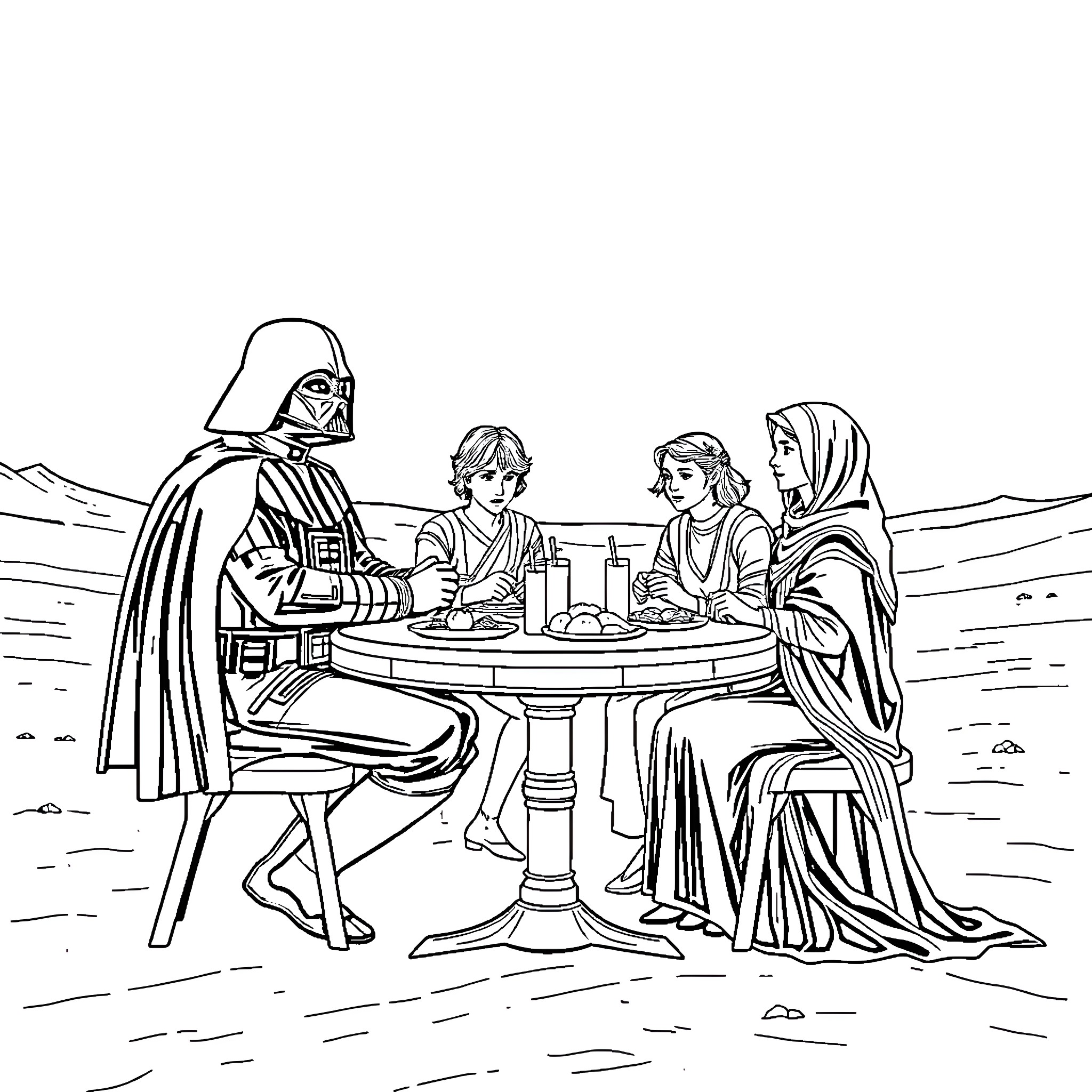 Star Wars Characters Dining Together in the Desert Coloring Page (free black-and-white line drawing printable PDF for all, from beginners to advanced learners, including children, teens, adults, and seniors)