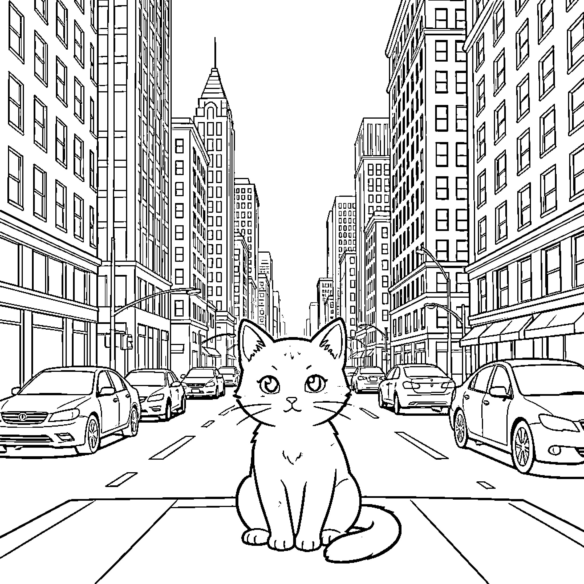 Cat in the Bustling City Coloring Page (free black-and-white line drawing printable PDF for all, from beginners to advanced learners, including children, teens, adults, and seniors)