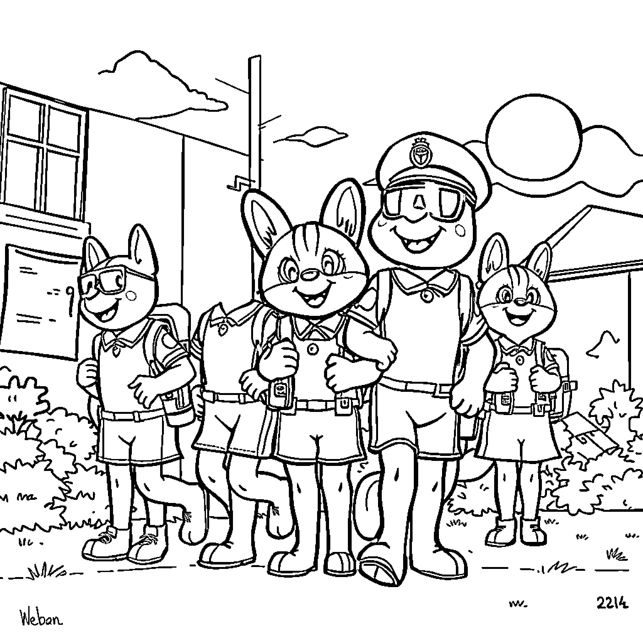 Paw Patrol characters on duty in the town Coloring Page (free black-and-white line drawing printable PDF for all, from beginners to advanced learners, including children, teens, adults, and seniors)