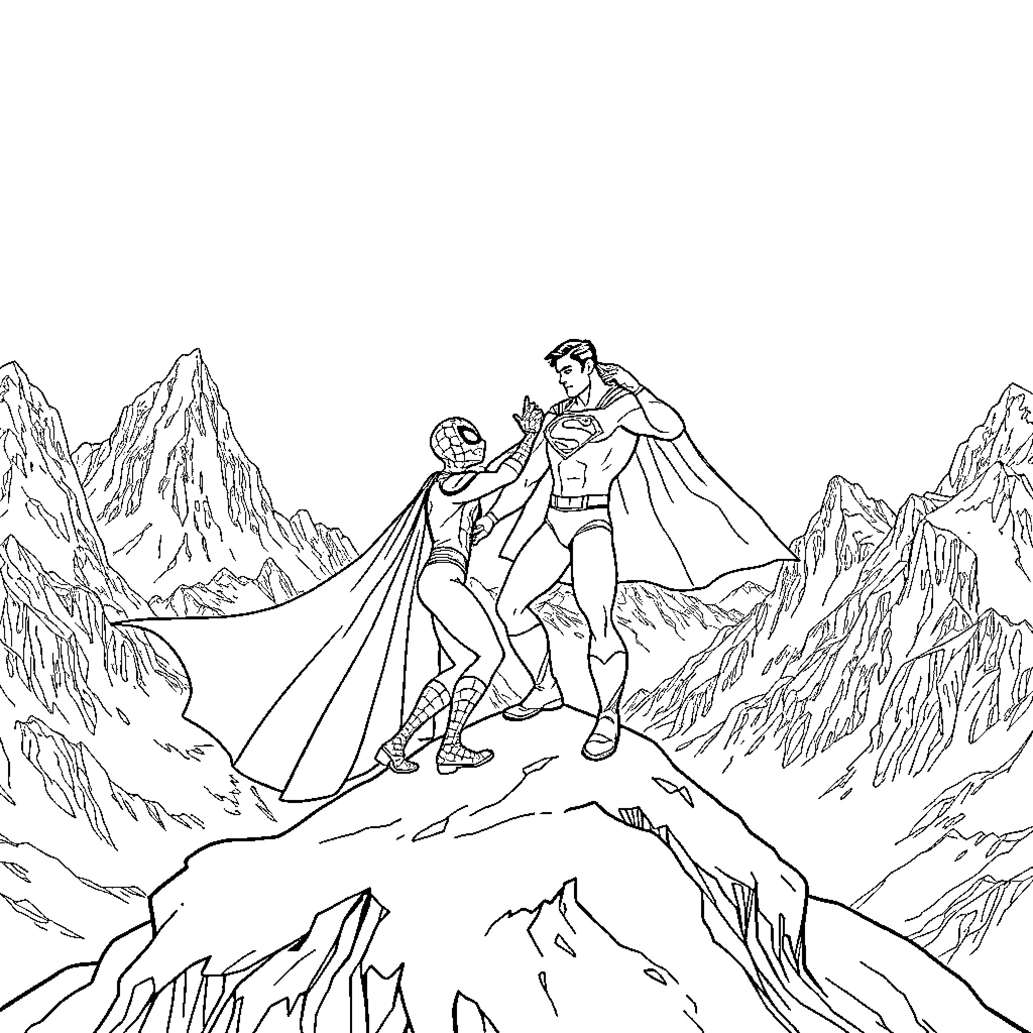 Spider-Man and Superhero Heroic Rescue in Mountains Coloring Page (free black-and-white line drawing printable PDF for all, from beginners to advanced learners, including children, teens, adults, and seniors)