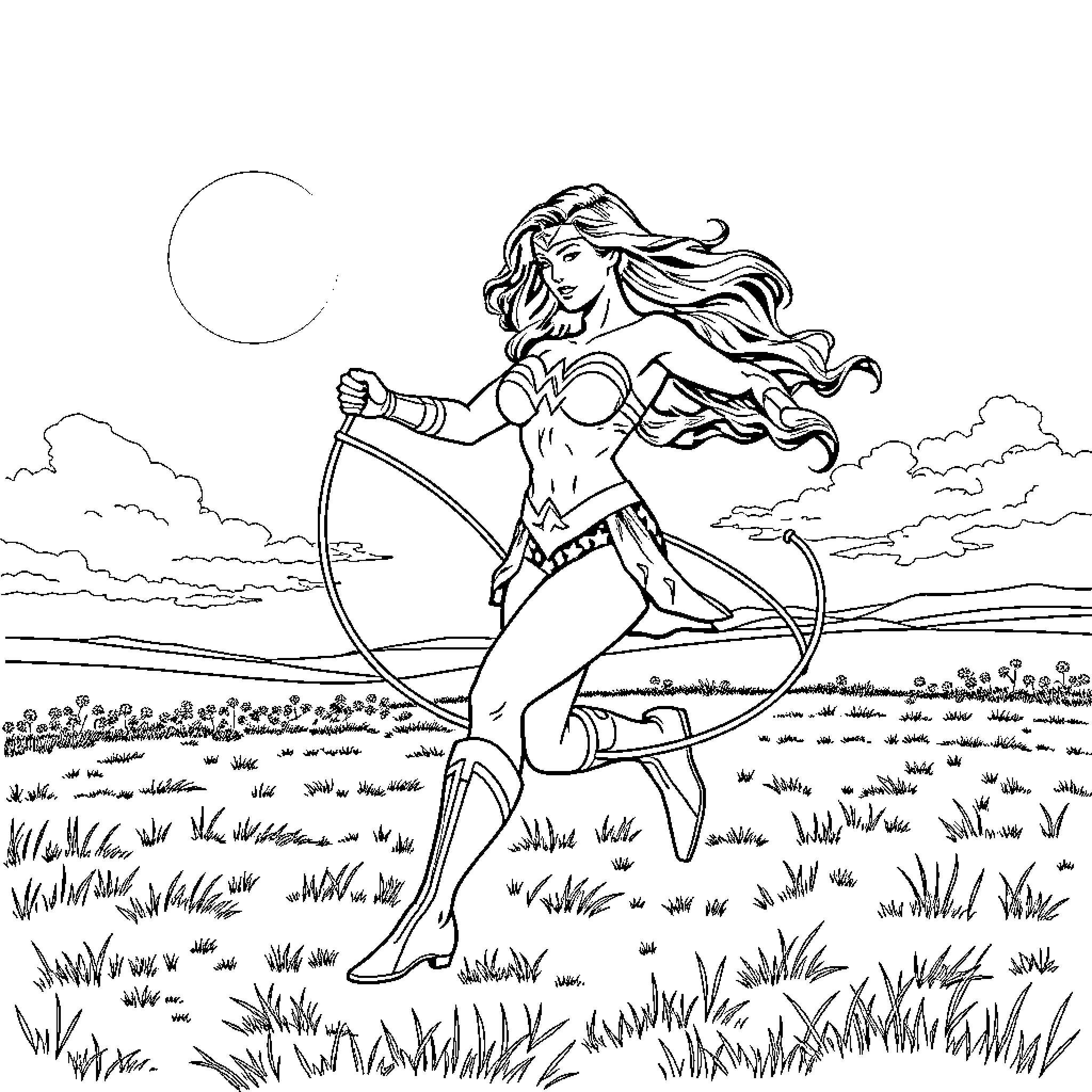 Wonder Woman heroically standing in the moonlit field Coloring Page (free black-and-white line drawing printable PDF for all, from beginners to advanced learners, including children, teens, adults, and seniors)