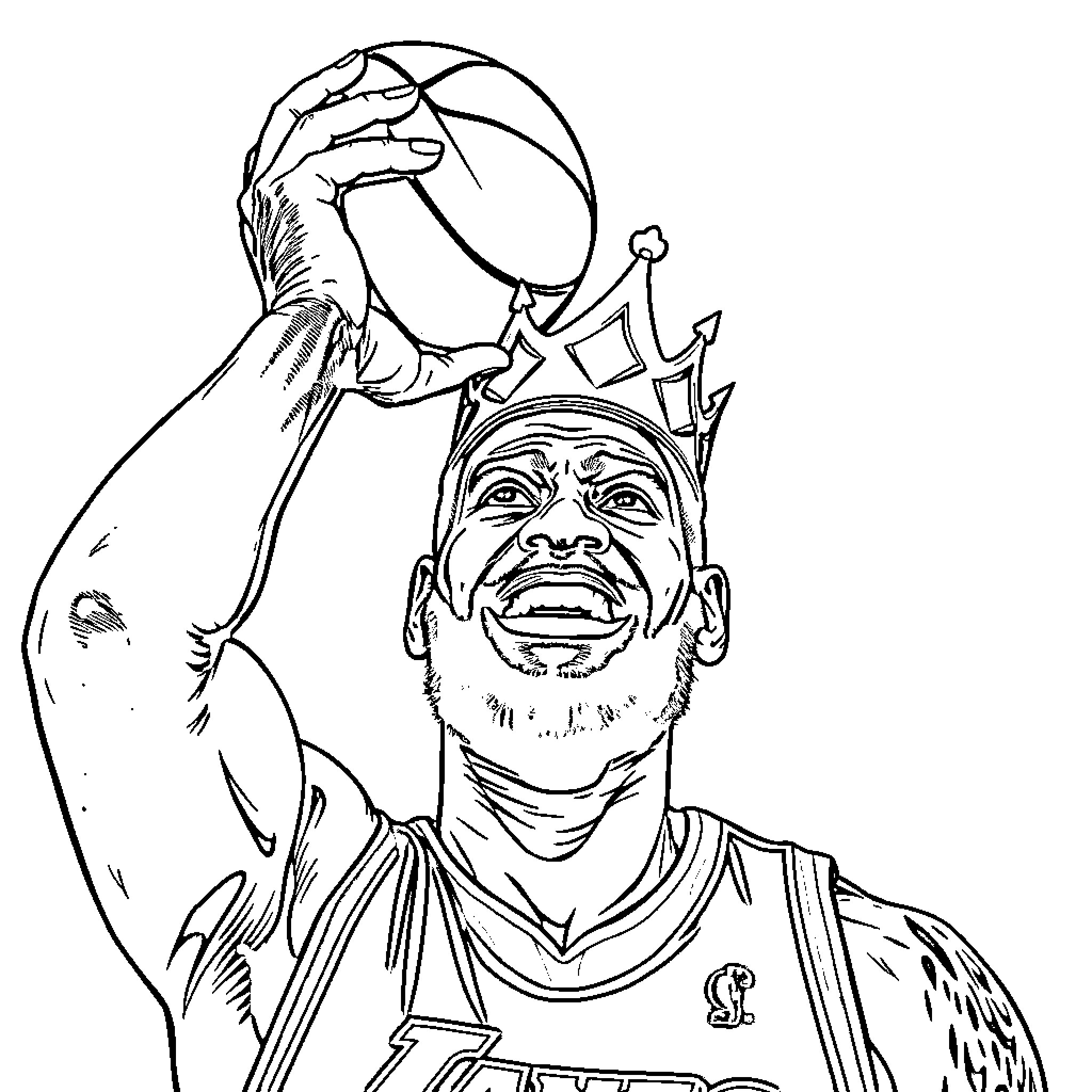 LeBron James Triumphantly Holding Basketball Above Head Coloring Page (free black-and-white line drawing printable PDF for all, from beginners to advanced learners, including children, teens, adults, and seniors)