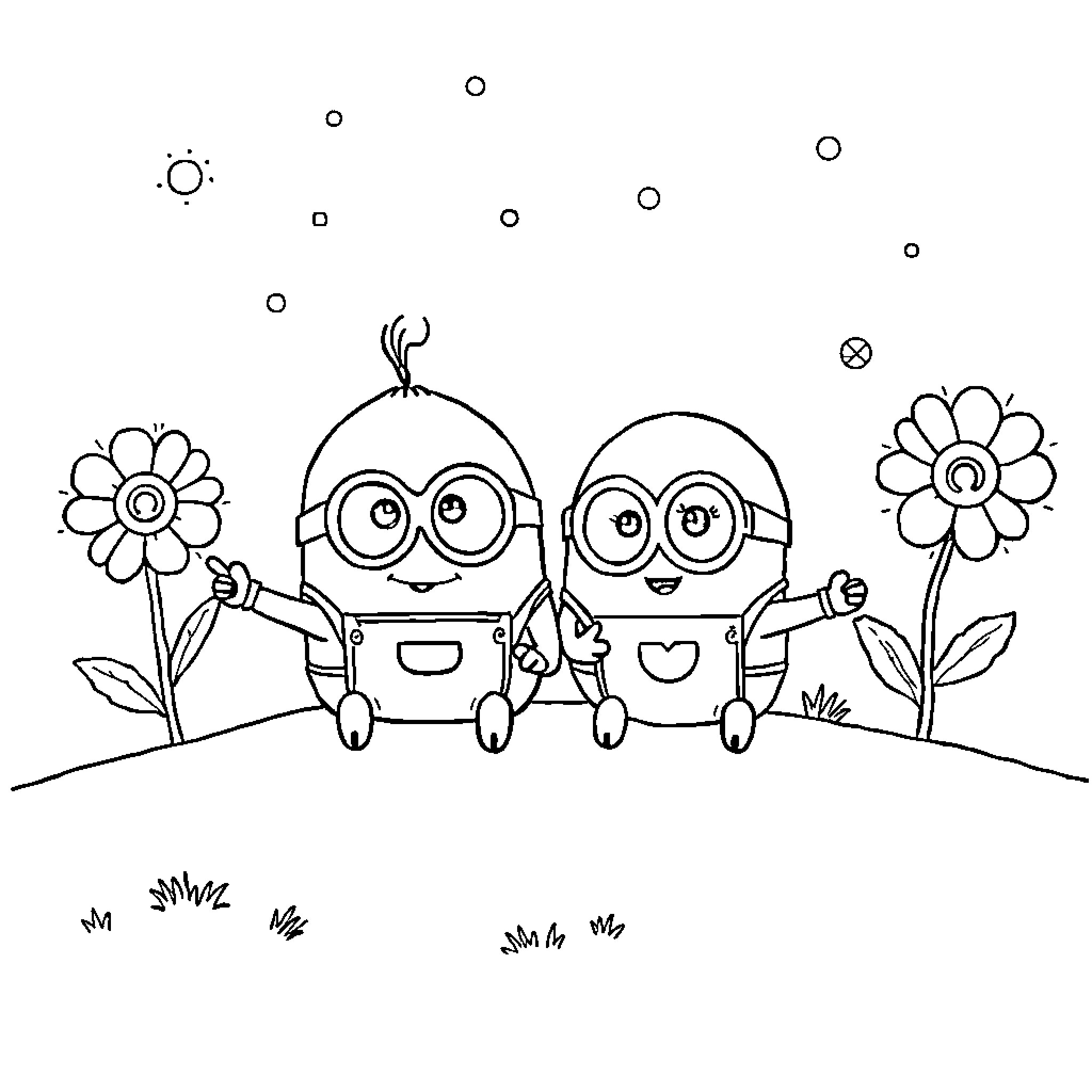 Minions playing with flowers in a field Coloring Page (free black-and-white line drawing printable PDF for all, from beginners to advanced learners, including children, teens, adults, and seniors)