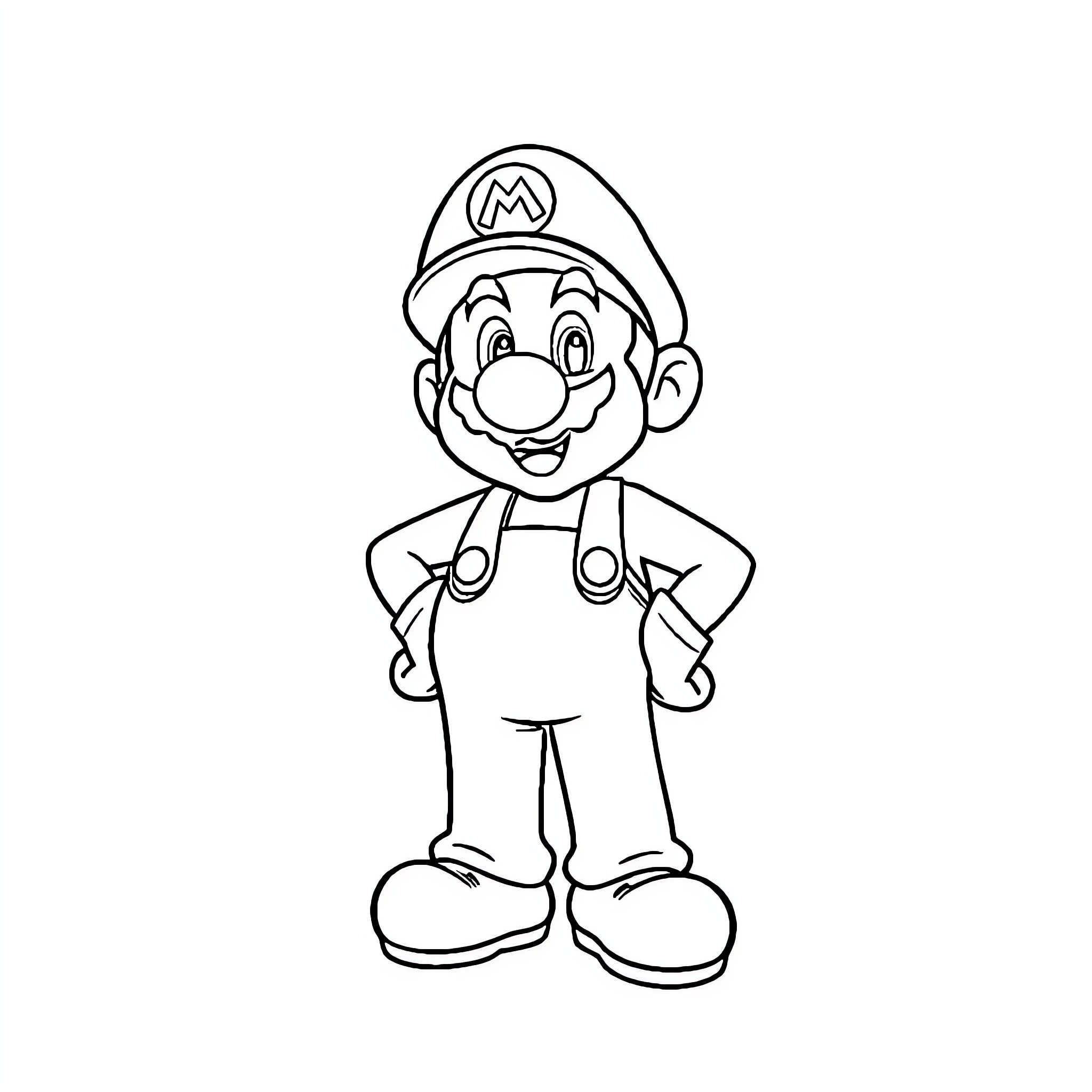 Super Mario in His Iconic Outfit Coloring Page (free black-and-white line drawing printable PDF for all, from beginners to advanced learners, including children, teens, adults, and seniors)