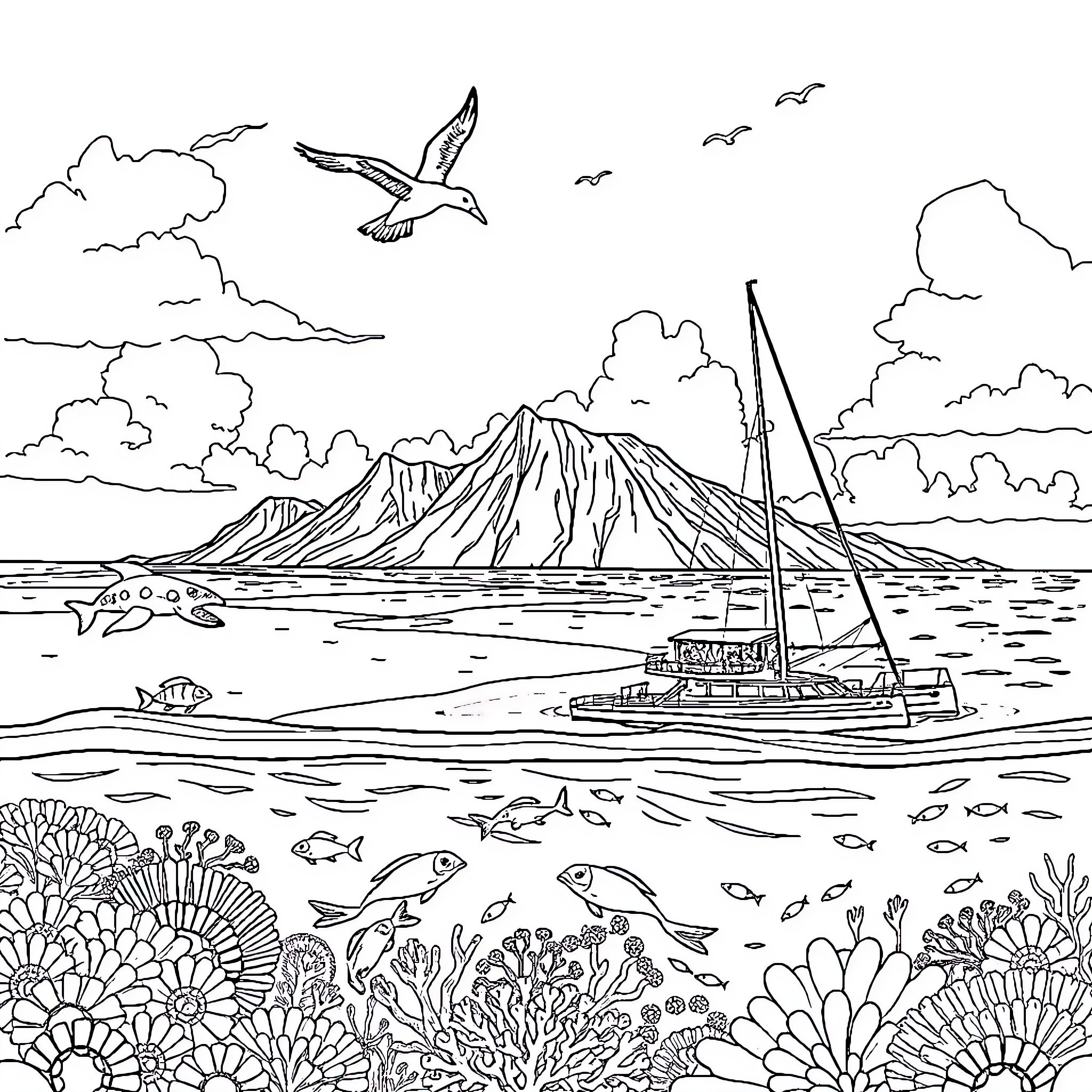 Sea Creature Surrounded by Scenic Ocean Landscape Coloring Page (free black-and-white line drawing printable PDF for all, from beginners to advanced learners, including children, teens, adults, and seniors)