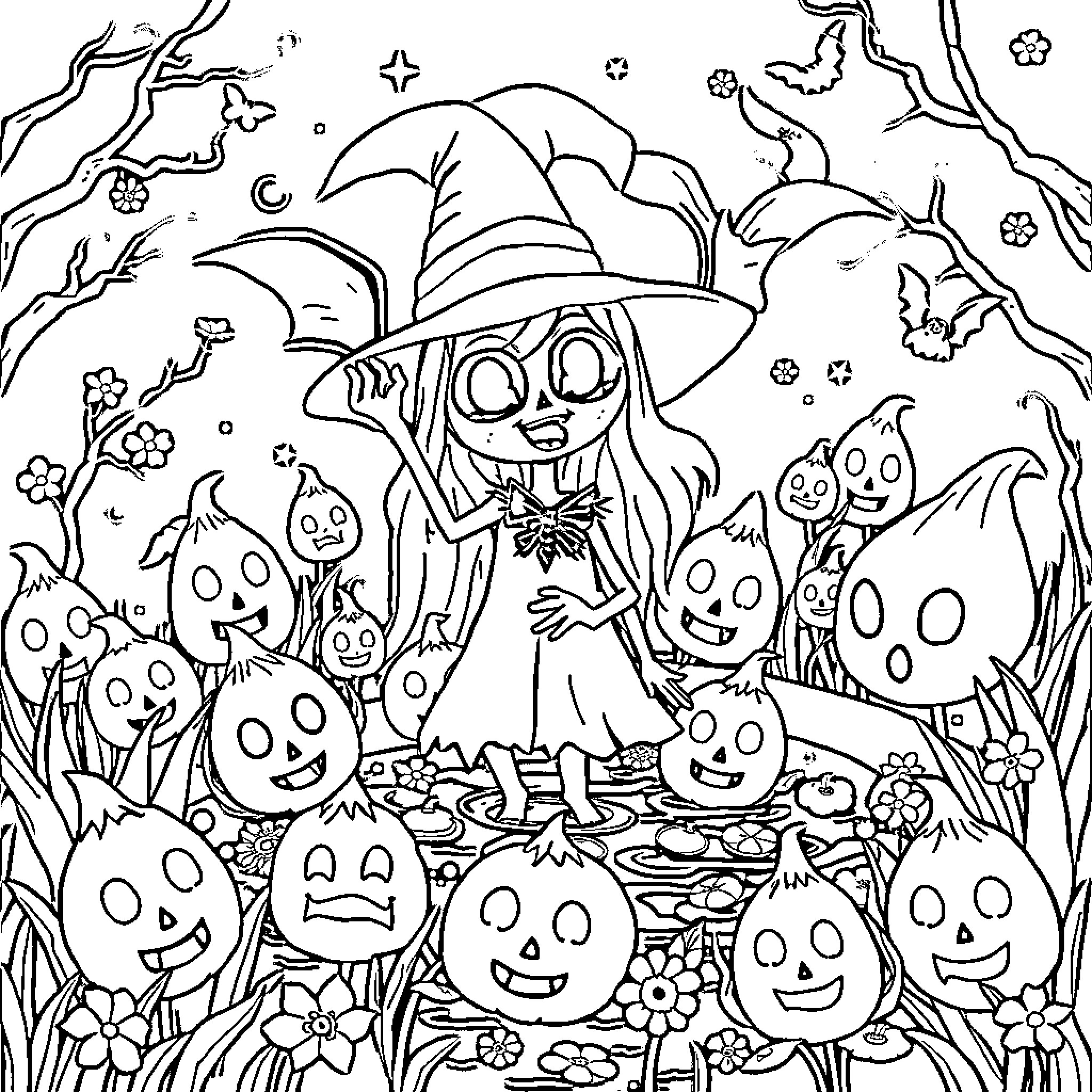 Witch and her magical friends in the enchanted forest Coloring Page (free black-and-white line drawing printable PDF for all, from beginners to advanced learners, including children, teens, adults, and seniors)