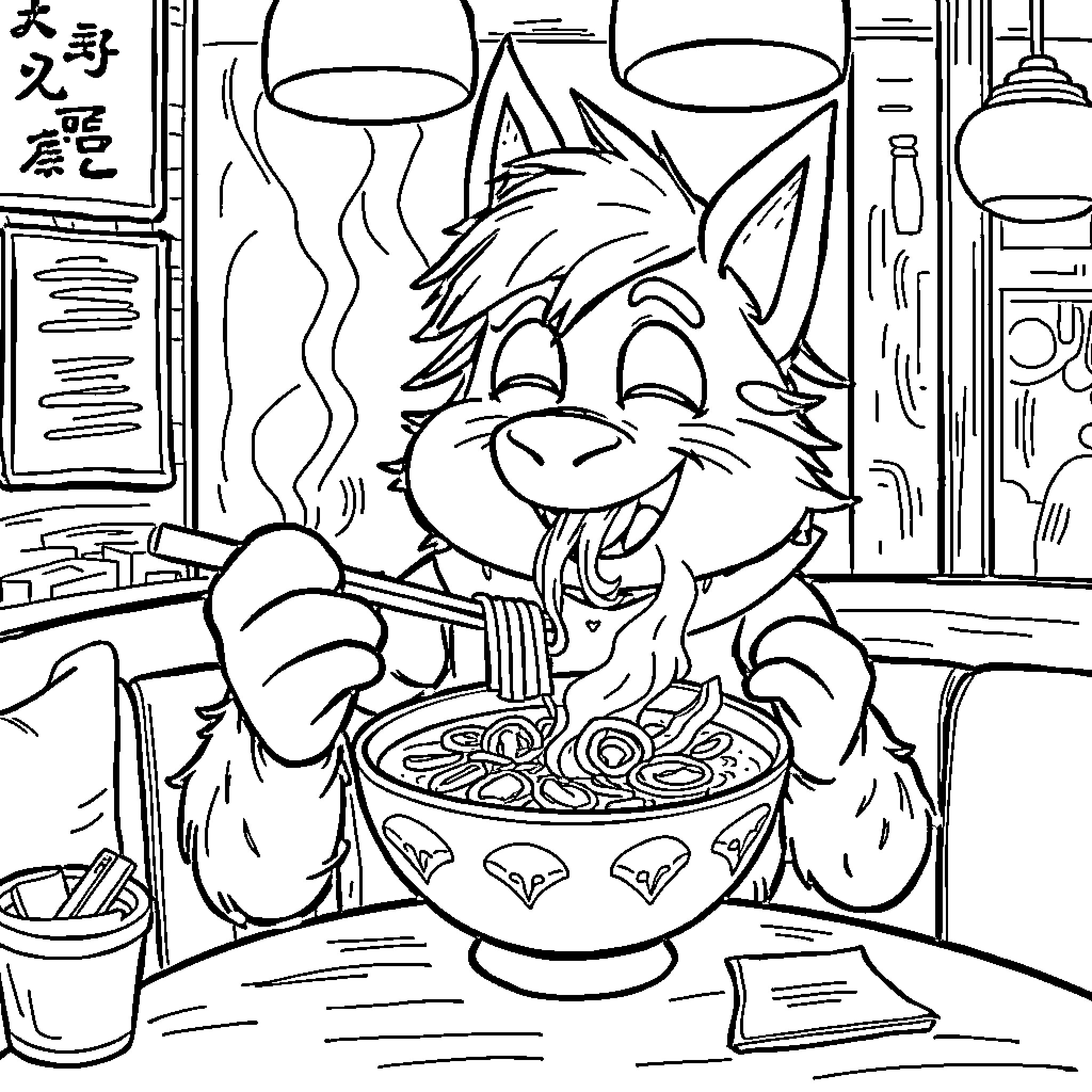 Huntrix's Comical Dining Experience Coloring Page (free black-and-white line drawing printable PDF for all, from beginners to advanced learners, including children, teens, adults, and seniors)
