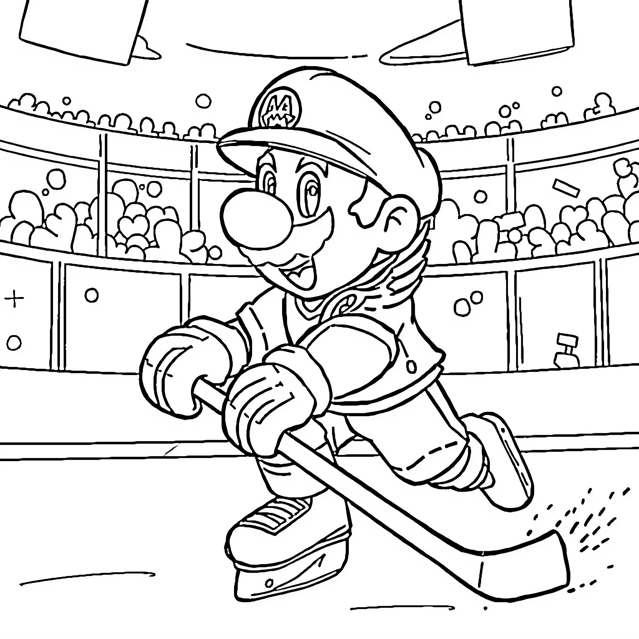 Mario playing sports in the stadium Coloring Page (free black-and-white line drawing printable PDF for all, from beginners to advanced learners, including children, teens, adults, and seniors)