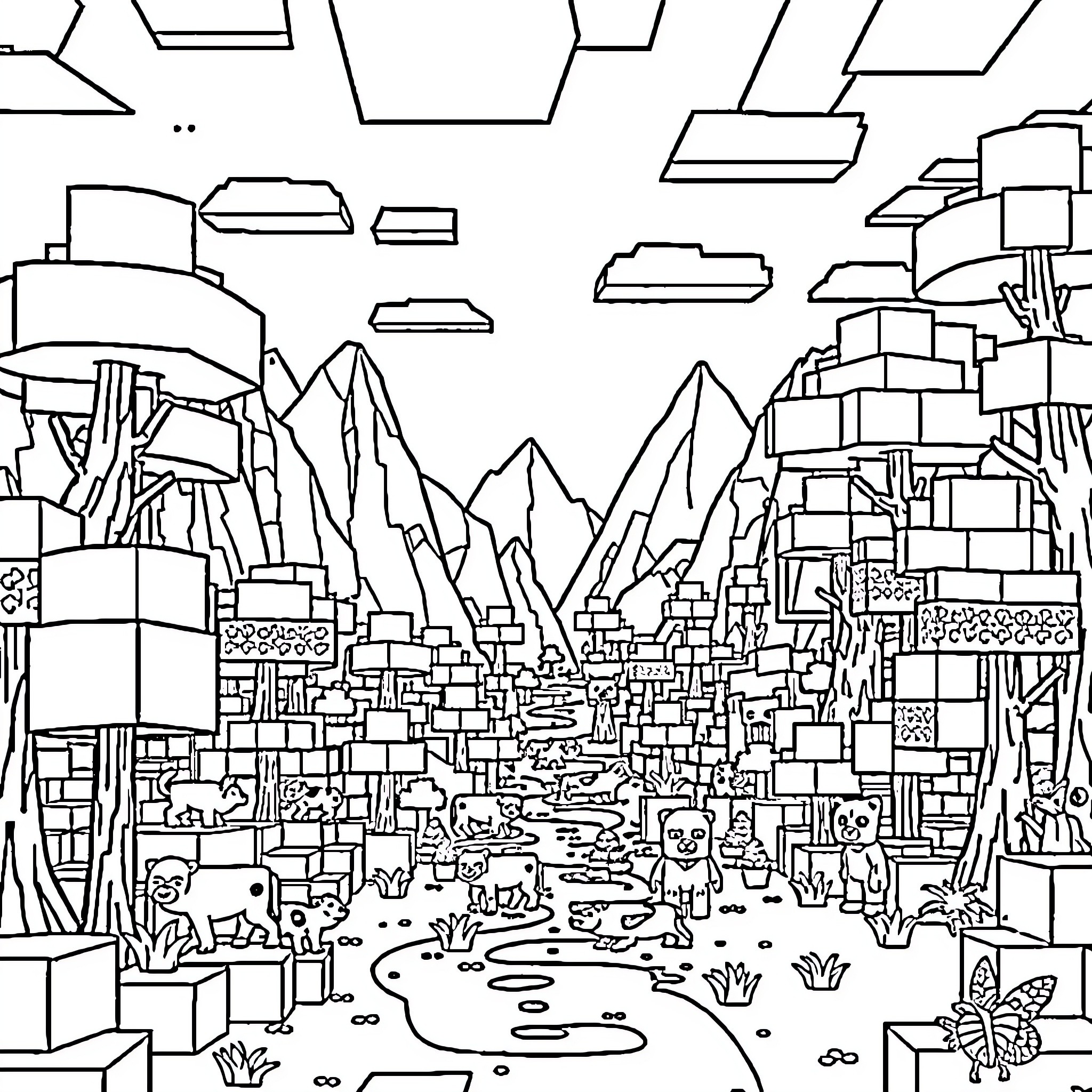 Minecraft Mountainous Landscape with Diverse Structures Coloring Page (free black-and-white line drawing printable PDF for all, from beginners to advanced learners, including children, teens, adults, and seniors)