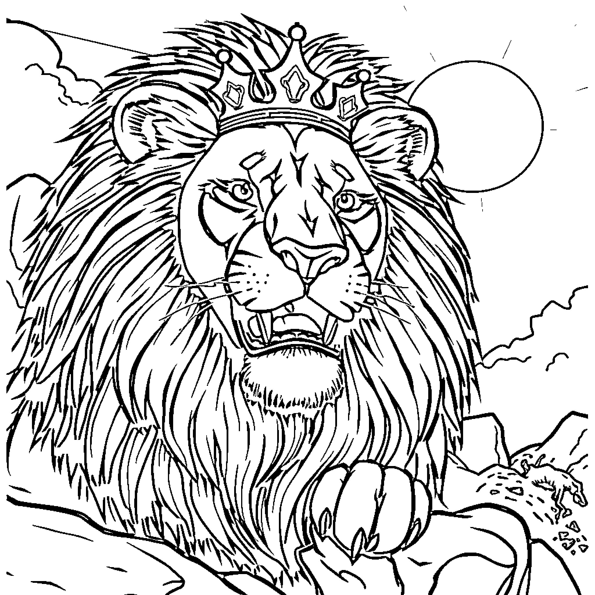 Hyena with a Majestic Crown Coloring Page (free black-and-white line drawing printable PDF for all, from beginners to advanced learners, including children, teens, adults, and seniors)