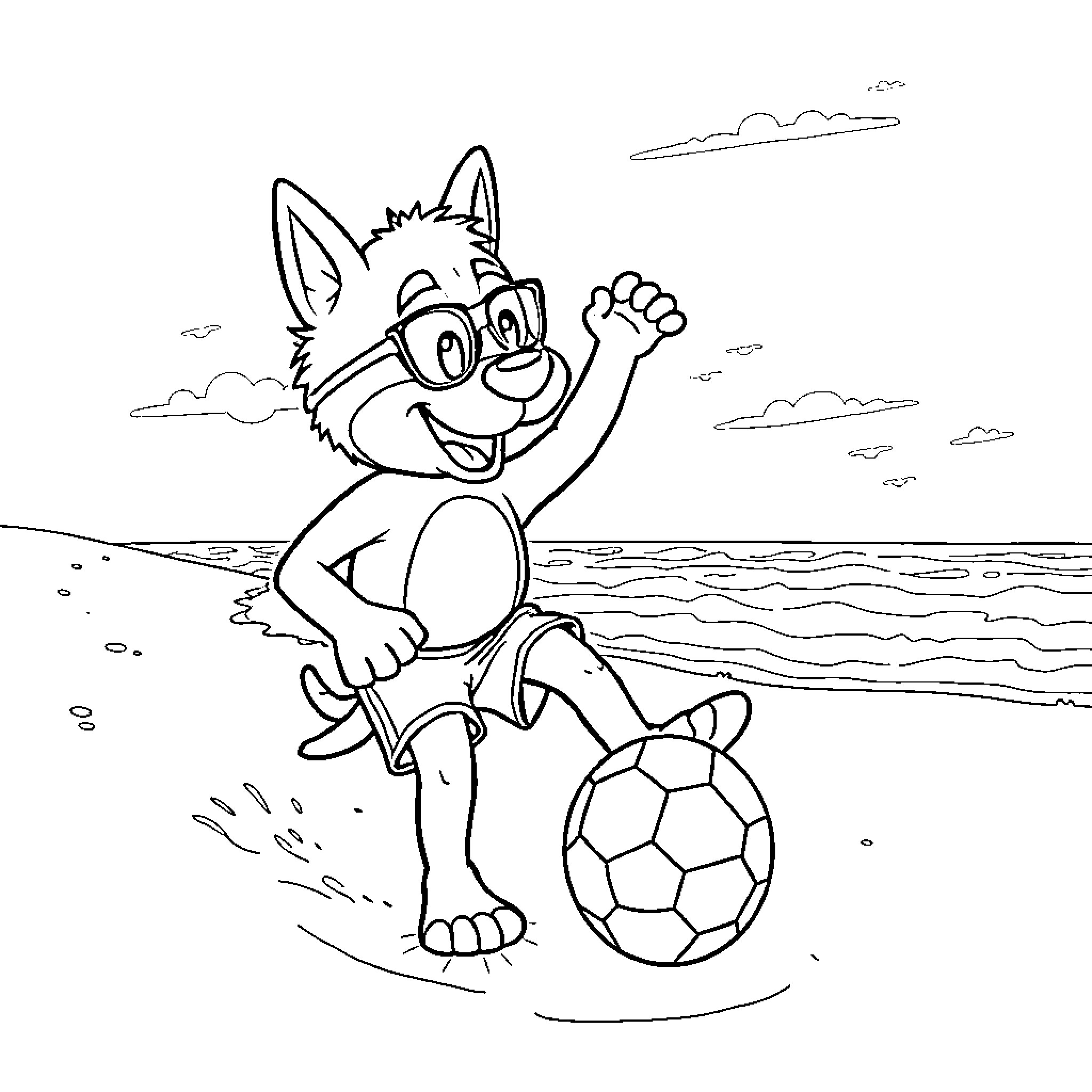 Bluey playing with a soccer ball on the beach Coloring Page (free black-and-white line drawing printable PDF for all, from beginners to advanced learners, including children, teens, adults, and seniors)