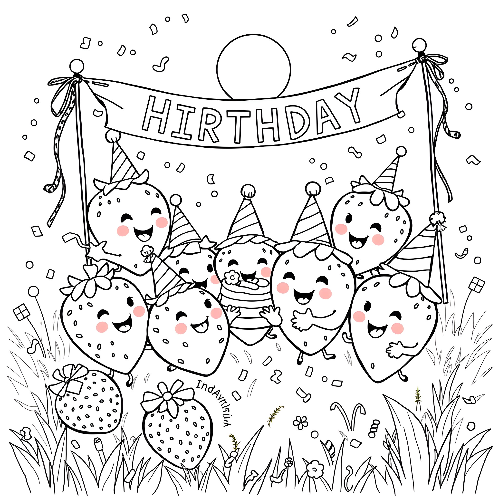 Strawberry-themed birthday celebration Coloring Page (free black-and-white line drawing printable PDF for all, from beginners to advanced learners, including children, teens, adults, and seniors)