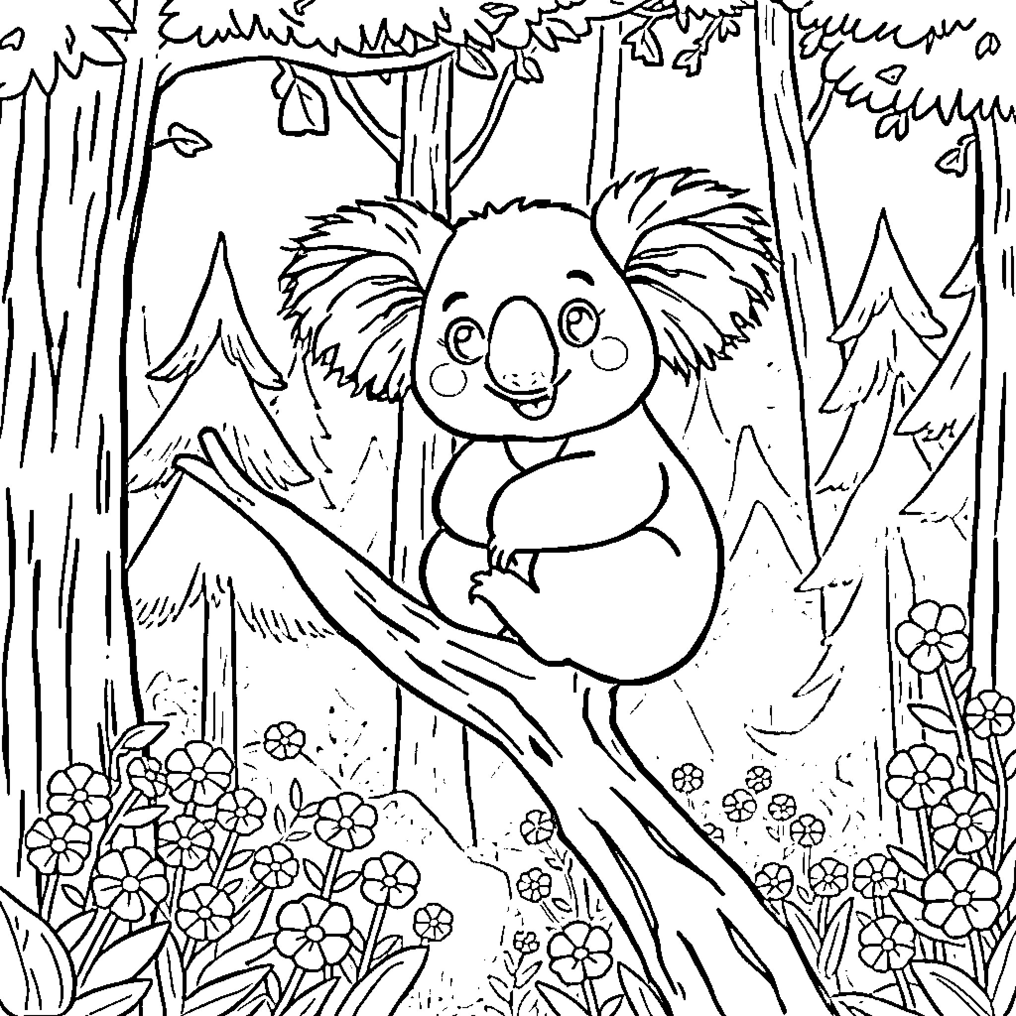 Koala relaxing on a tree branch in the forest Coloring Page (free black-and-white line drawing printable PDF for all, from beginners to advanced learners, including children, teens, adults, and seniors)