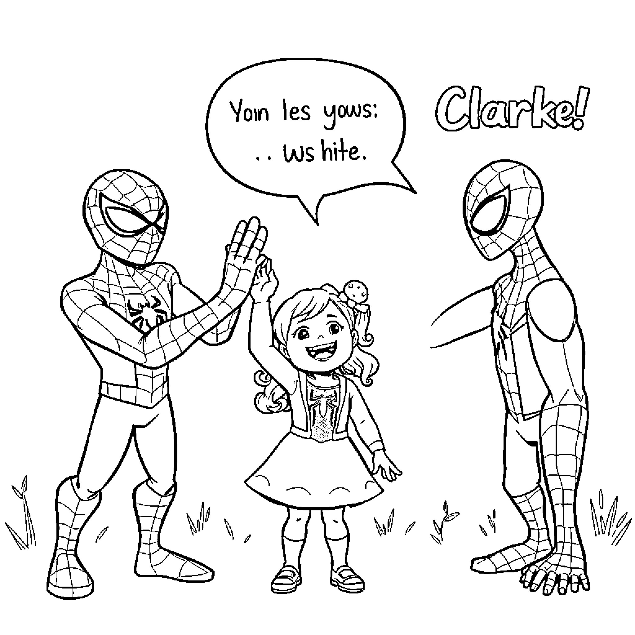 Spider-themed heroes interact with a young girl Coloring Page (free black-and-white line drawing printable PDF for all, from beginners to advanced learners, including children, teens, adults, and seniors)