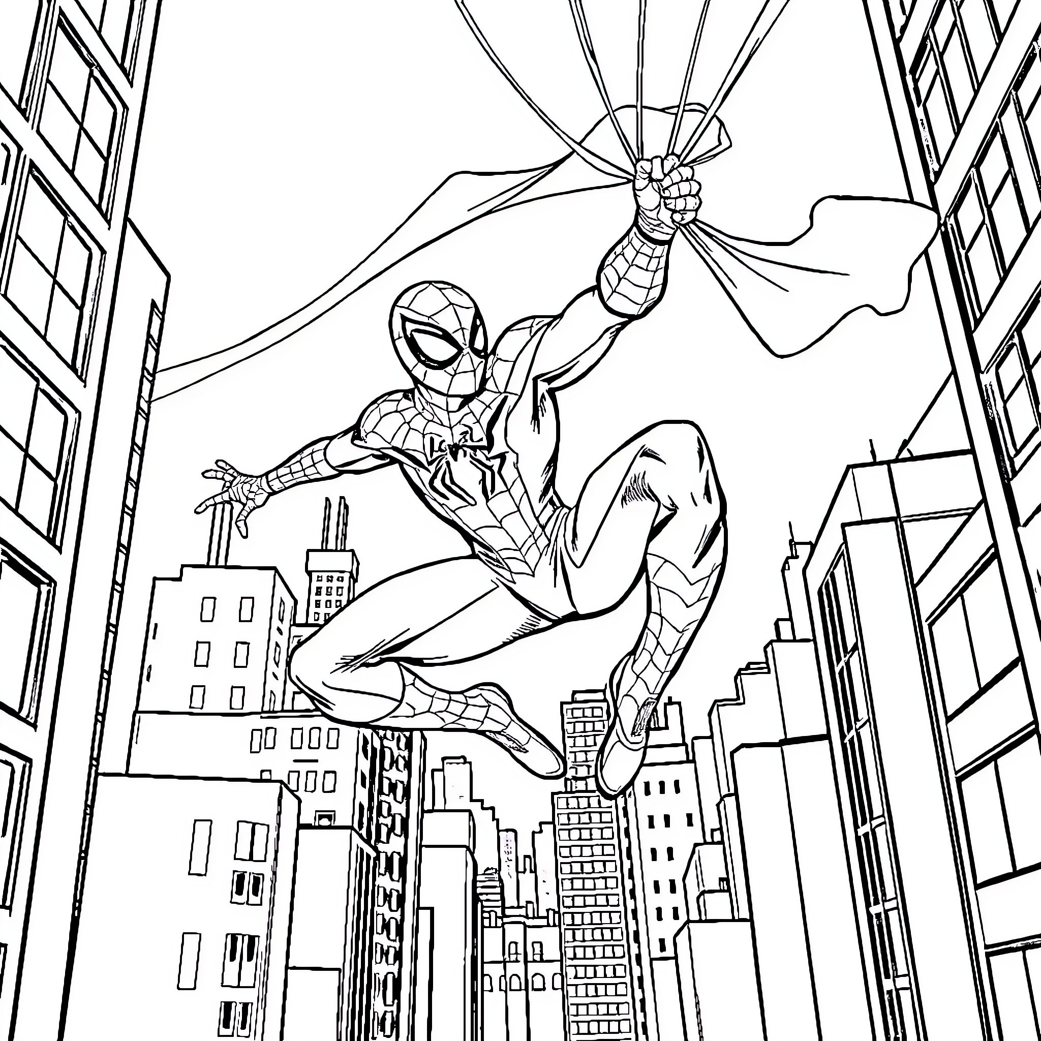 Spiderman swinging above the city skyline Coloring Page (free black-and-white line drawing printable PDF for all, from beginners to advanced learners, including children, teens, adults, and seniors)