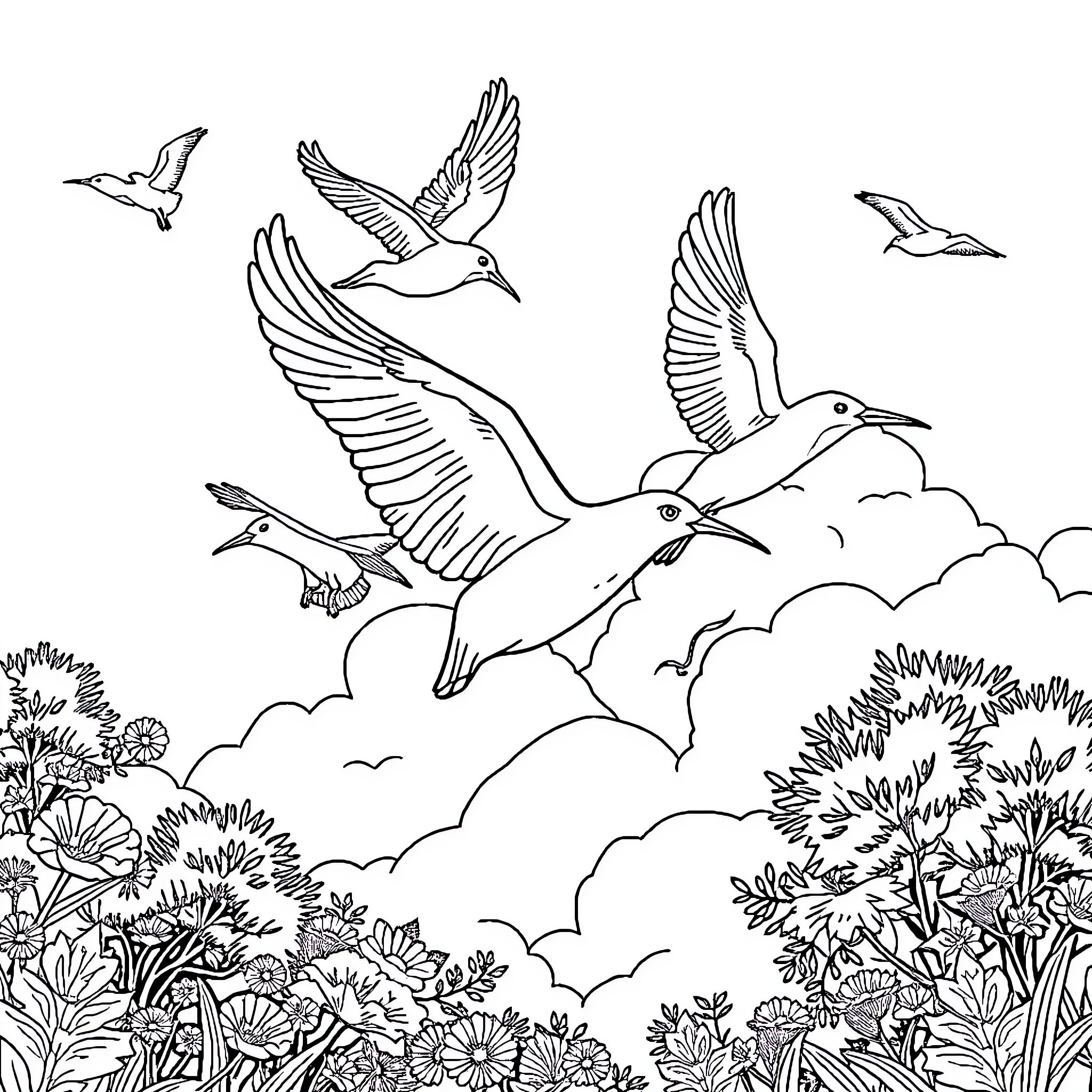 Birds soaring gracefully in the cloudy sky Coloring Page (free black-and-white line drawing printable PDF for all, from beginners to advanced learners, including children, teens, adults, and seniors)