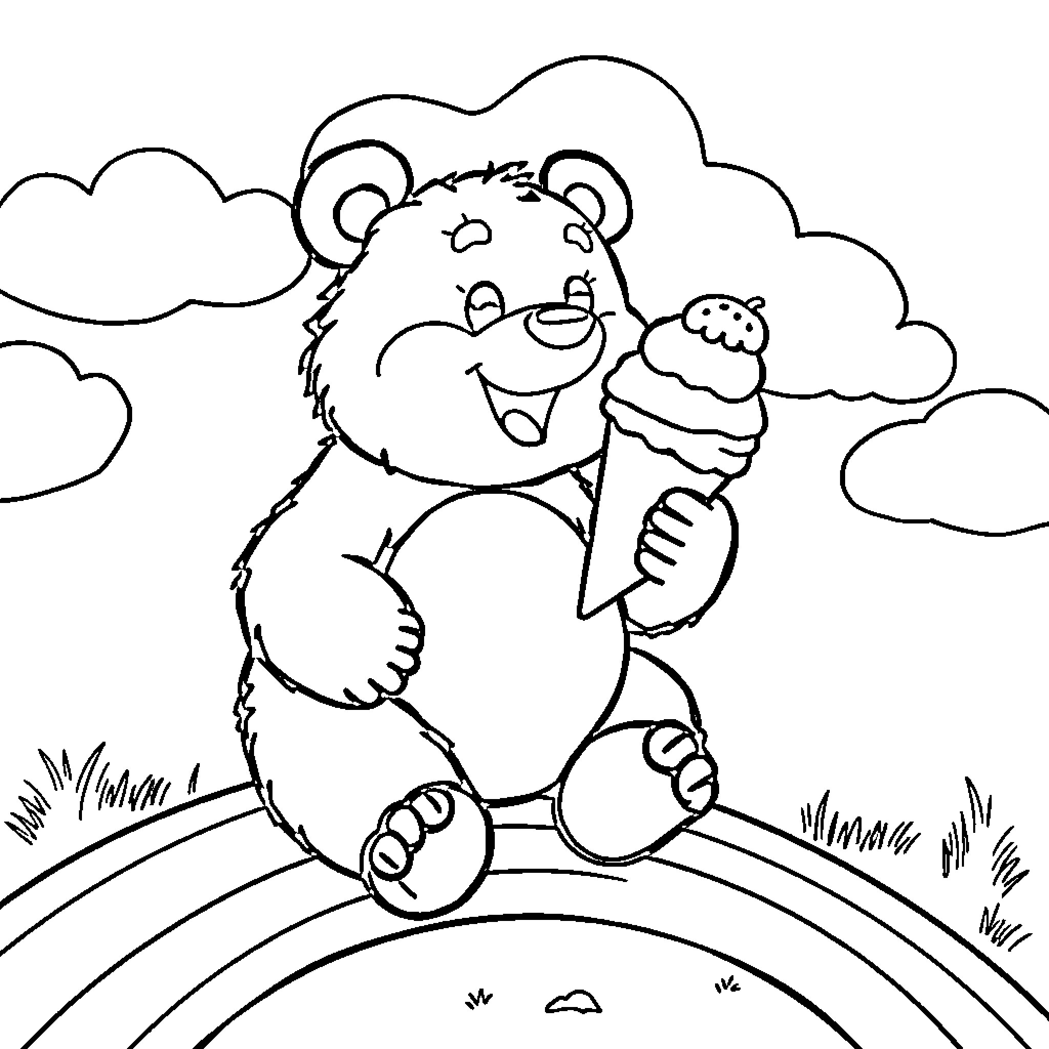 Bear enjoying ice cream on a rainbow Coloring Page (free black-and-white line drawing printable PDF for all, from beginners to advanced learners, including children, teens, adults, and seniors)