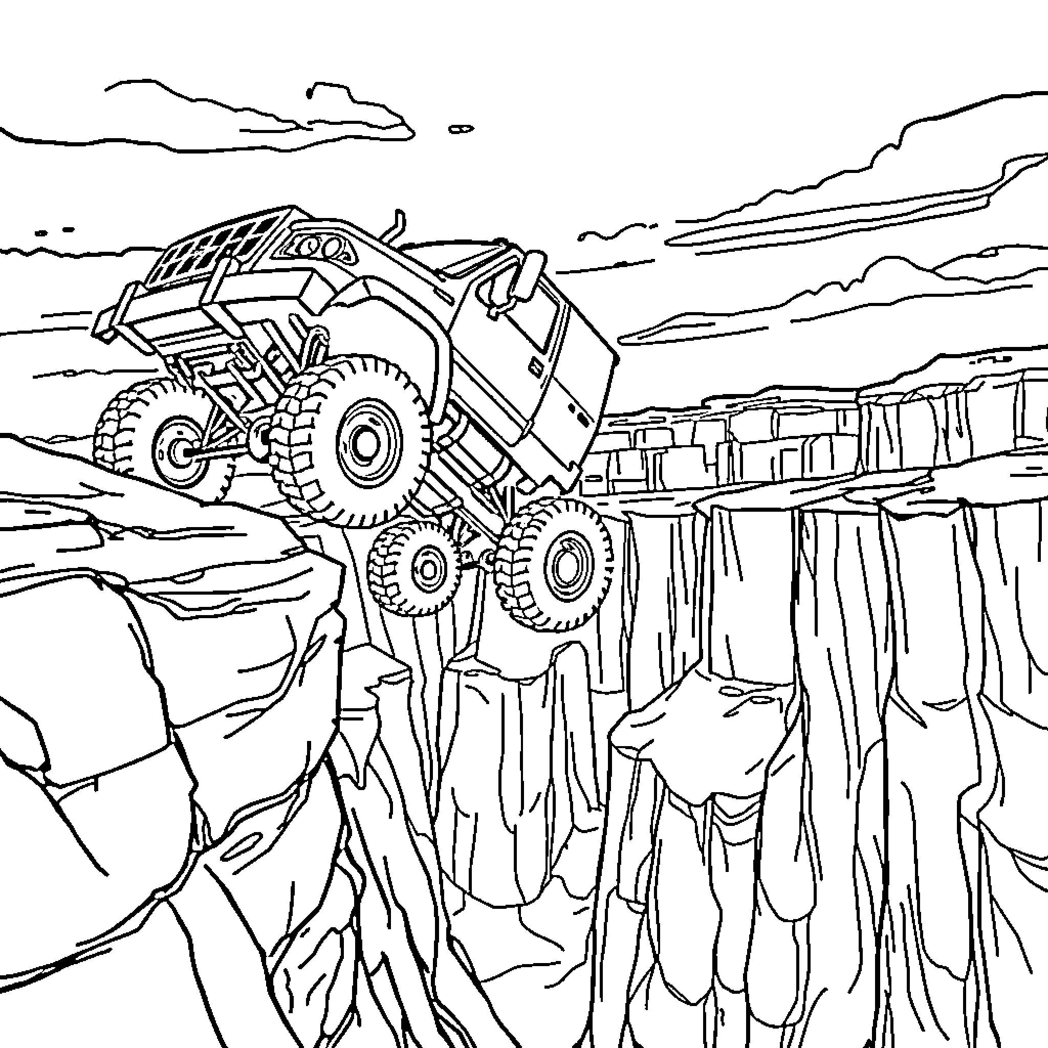 Truck Navigating Rugged Terrain and Obstacles Coloring Page (free black-and-white line drawing printable PDF for all, from beginners to advanced learners, including children, teens, adults, and seniors)