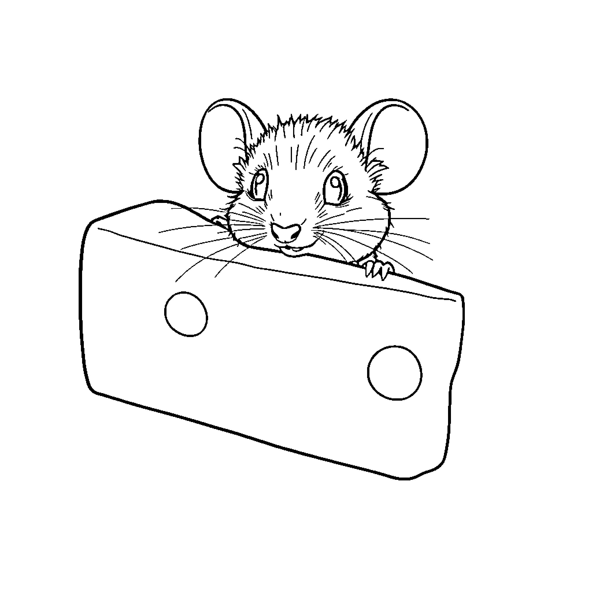 Mouse peeking out from cheese block Coloring Page (free black-and-white line drawing printable PDF for all, from beginners to advanced learners, including children, teens, adults, and seniors)