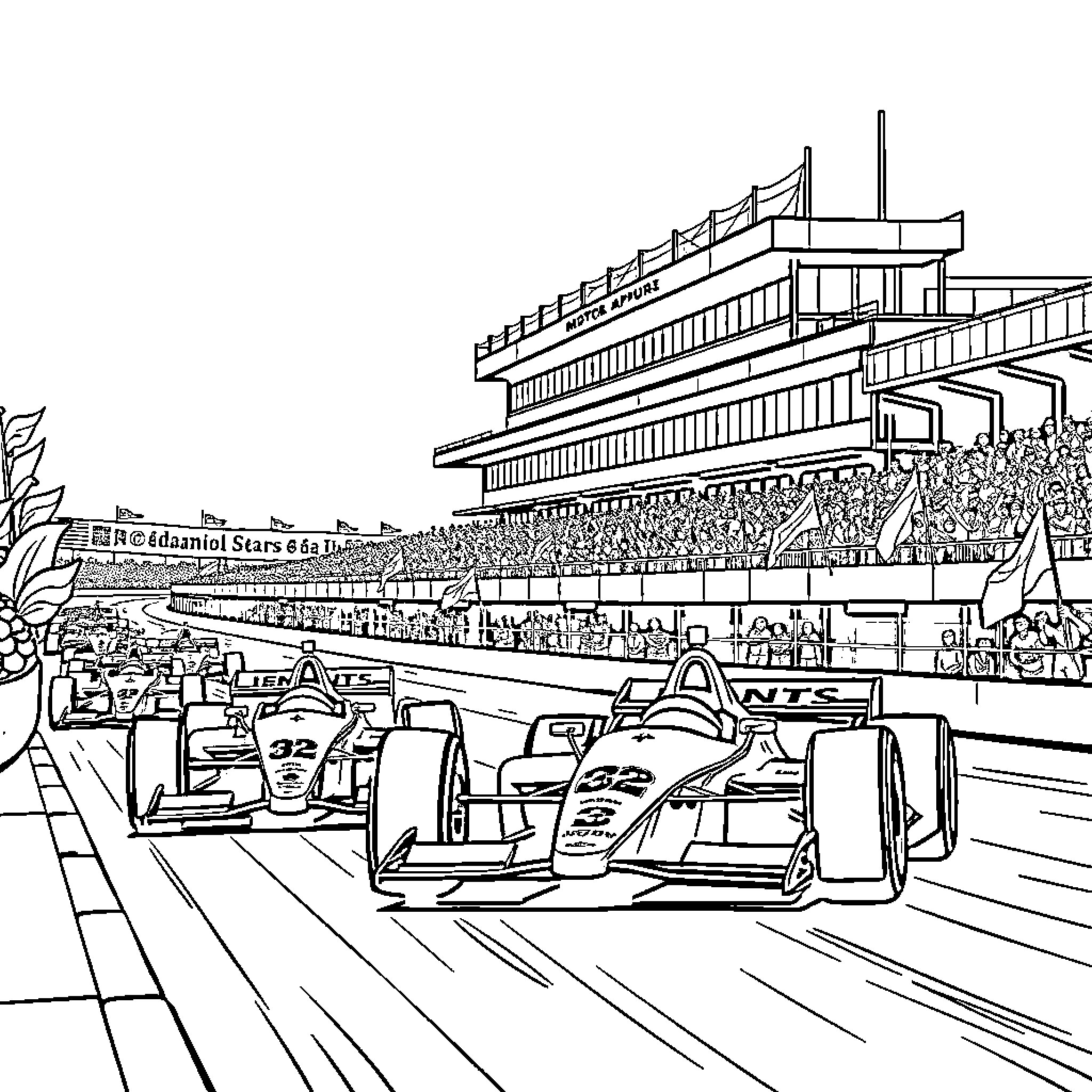 Indycar Racing Action at Crowded Stadium Coloring Page (free black-and-white line drawing printable PDF for all, from beginners to advanced learners, including children, teens, adults, and seniors)