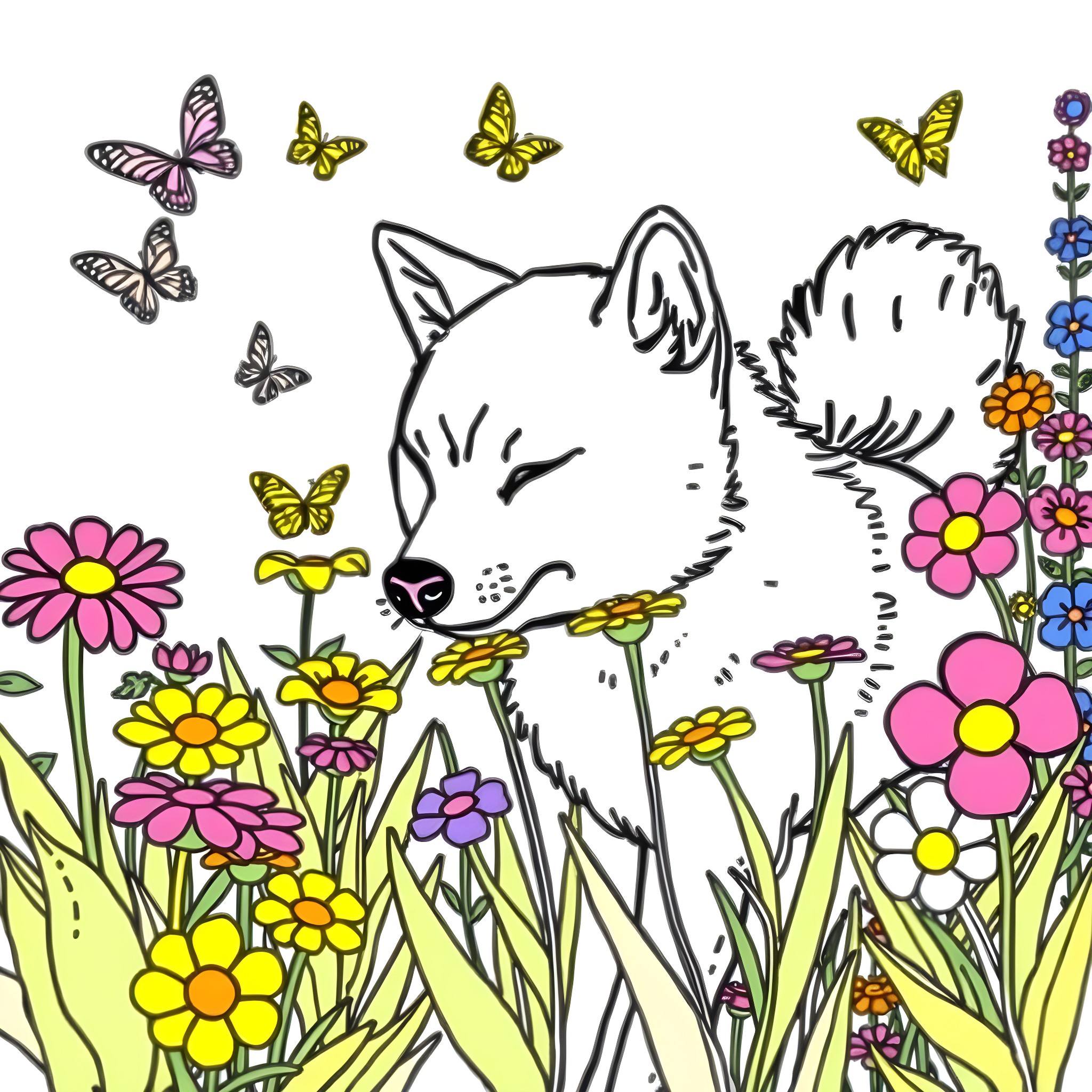 Shiba in a Vibrant Floral Garden Coloring Page (free black-and-white line drawing printable PDF for all, from beginners to advanced learners, including children, teens, adults, and seniors)