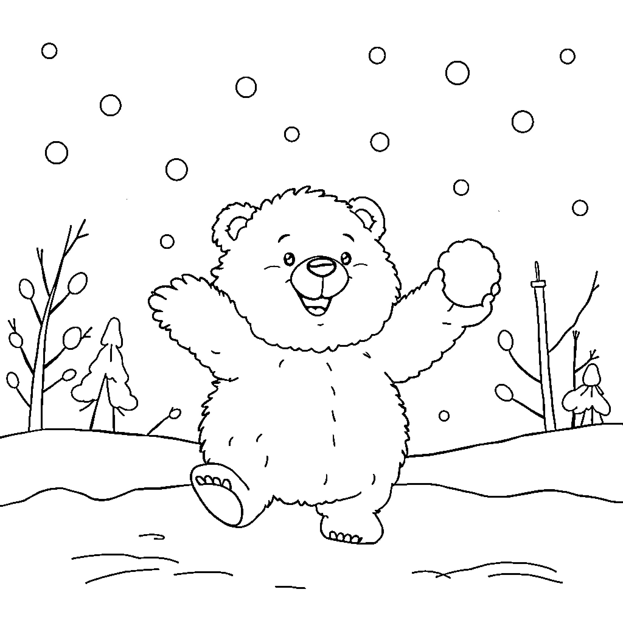 Bear playing joyfully in snowy landscape Coloring Page (free black-and-white line drawing printable PDF for all, from beginners to advanced learners, including children, teens, adults, and seniors)