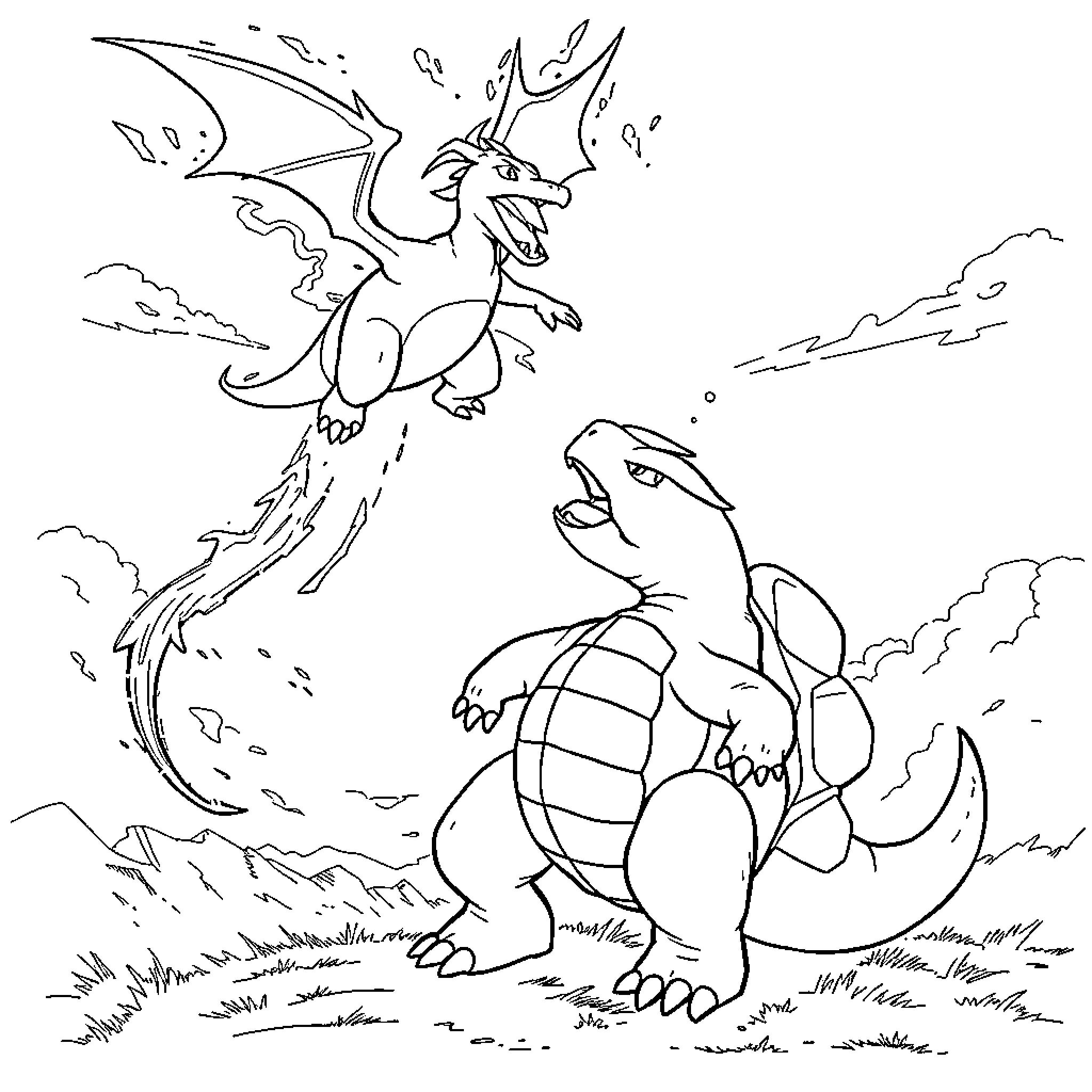 Charizard and Blastoise Engaged in Fierce Battle Coloring Page (free black-and-white line drawing printable PDF for all, from beginners to advanced learners, including children, teens, adults, and seniors)